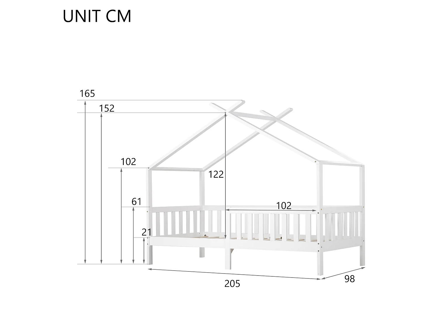 Lit enfant cabane 90/200 cm – barrière de sécurité, sommier à lattes – Bois massif blanc
