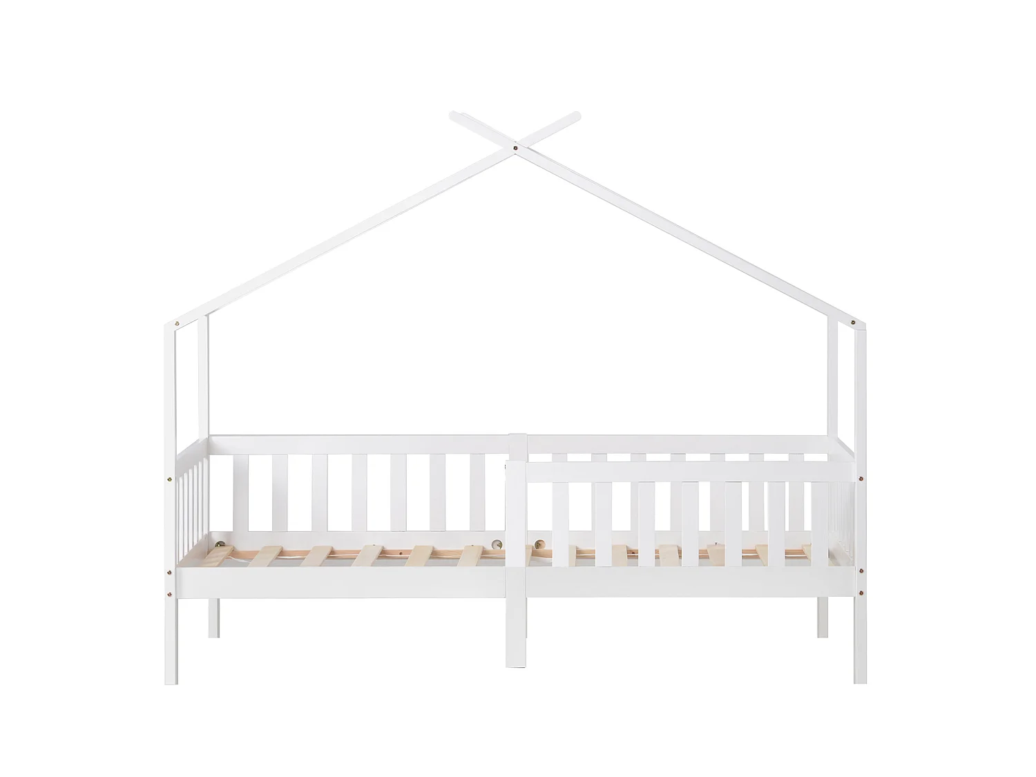 Lit enfant cabane 90/200 cm – barrière de sécurité, sommier à lattes – Bois massif blanc