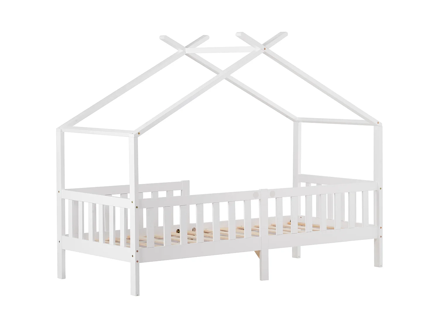 Lit enfant cabane 90/200 cm – barrière de sécurité, sommier à lattes – Bois massif blanc