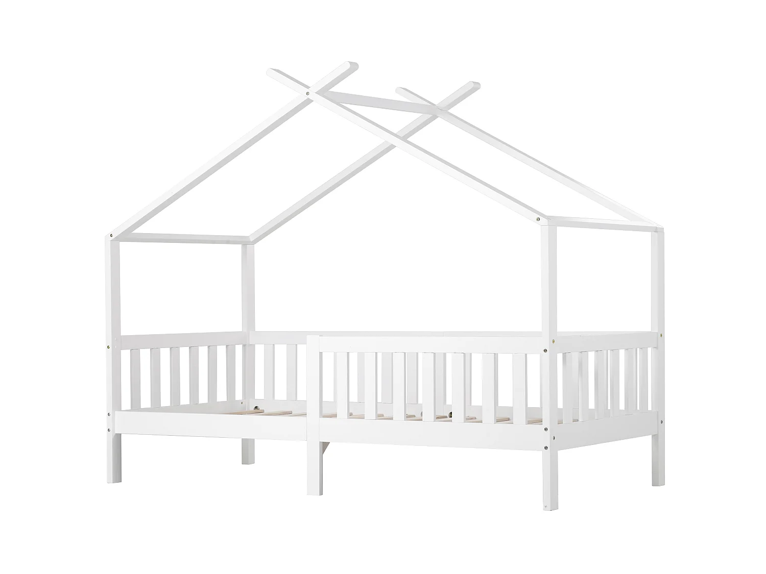 Lit enfant cabane 90/200 cm – barrière de sécurité, sommier à lattes – Bois massif blanc
