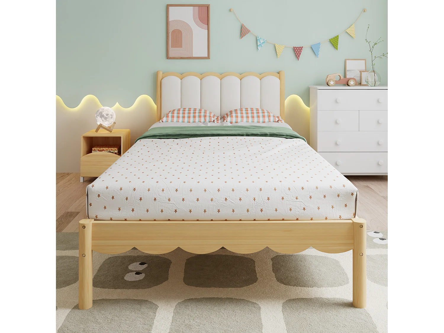 Lit enfant 90/200 cm – tête de lit rembourrée, cadre en bois massif, sommier à lattes – Beige et naturel – Matelas non inclus