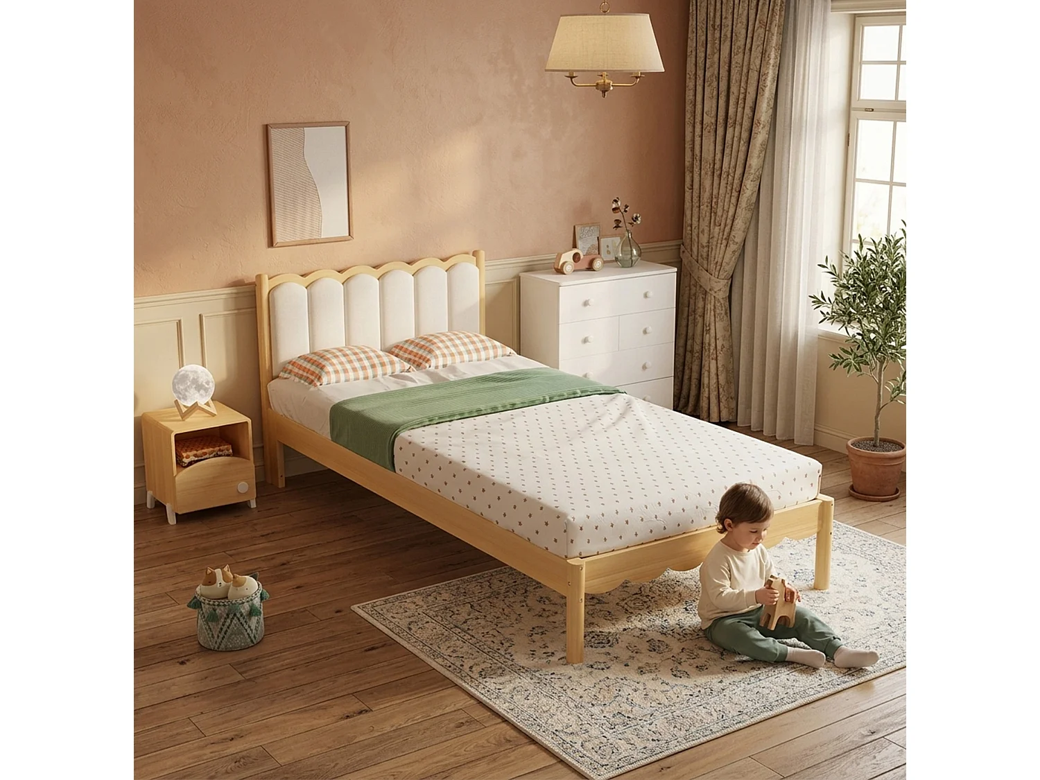 Lit enfant 90/200 cm – tête de lit rembourrée, cadre en bois massif, sommier à lattes – Beige et naturel – Matelas non inclus