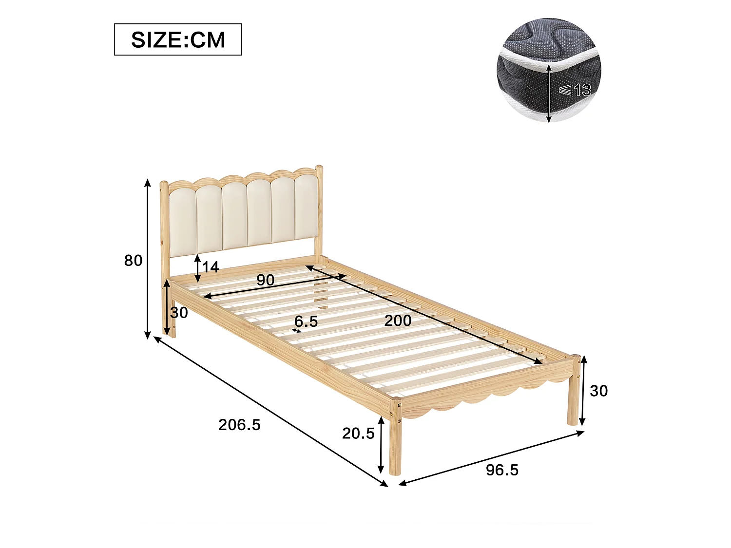 Lit enfant 90/200 cm – tête de lit rembourrée, cadre en bois massif, sommier à lattes – Beige et naturel – Matelas non inclus