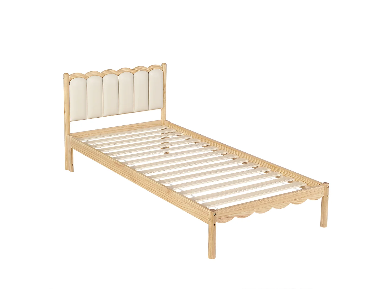 Lit enfant 90/200 cm – tête de lit rembourrée, cadre en bois massif, sommier à lattes – Beige et naturel – Matelas non inclus