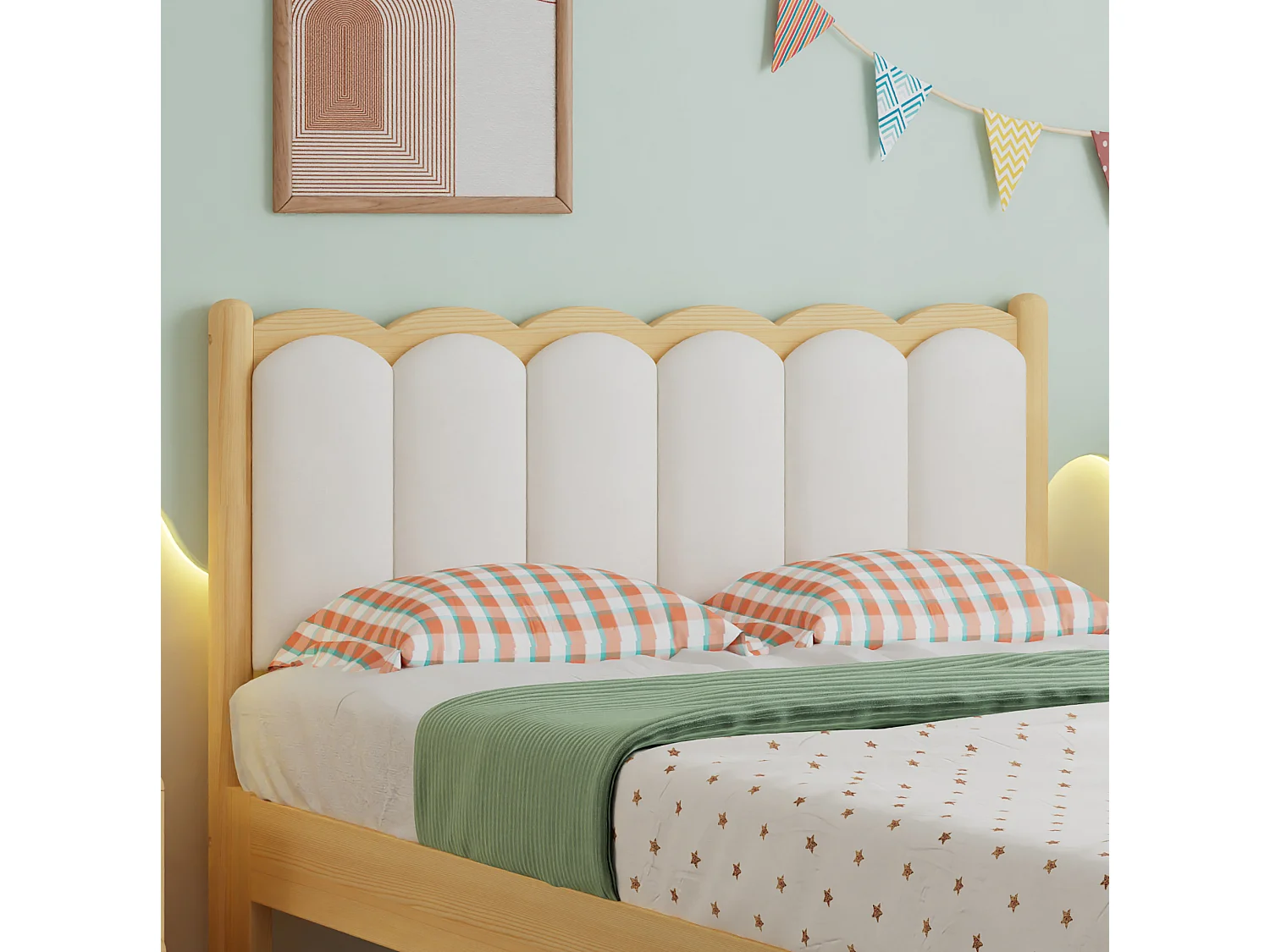 Lit enfant 90/200 cm – tête de lit rembourrée, cadre en bois massif, sommier à lattes – Beige et naturel – Matelas non inclus