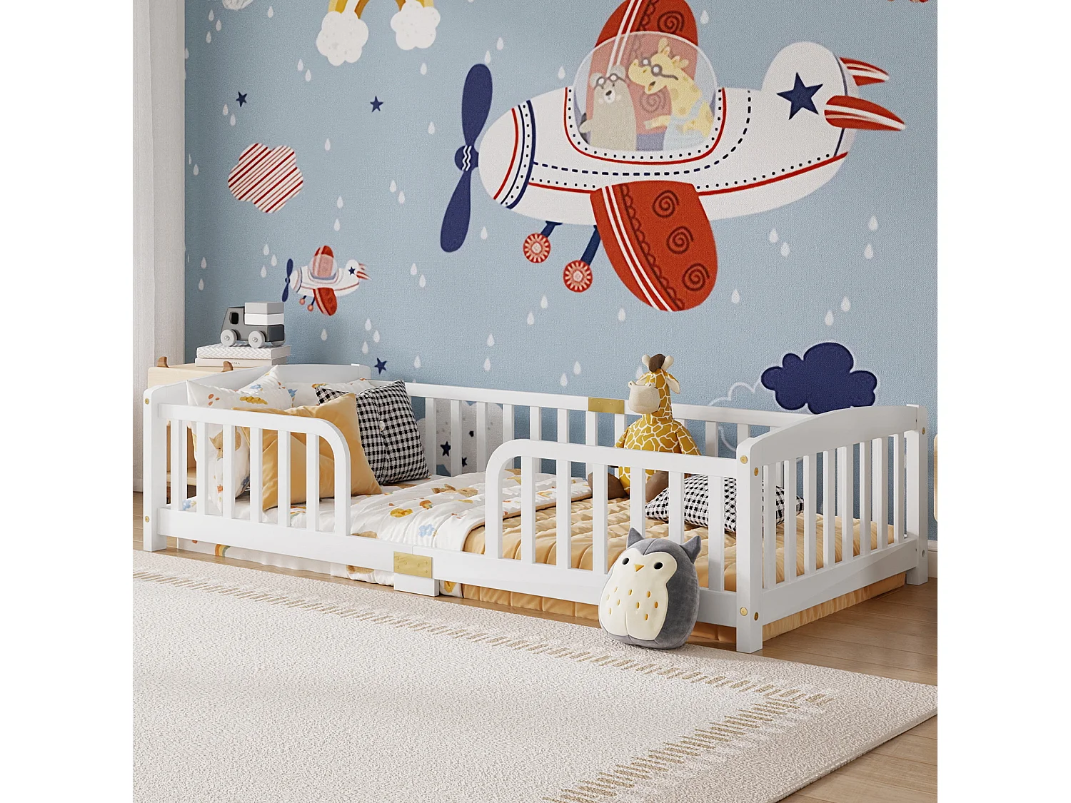 Lit au sol enfant 90/200 cm – barrières de sécurité, entrée centrale, structure basse – Pin blanc – Matelas non inclus