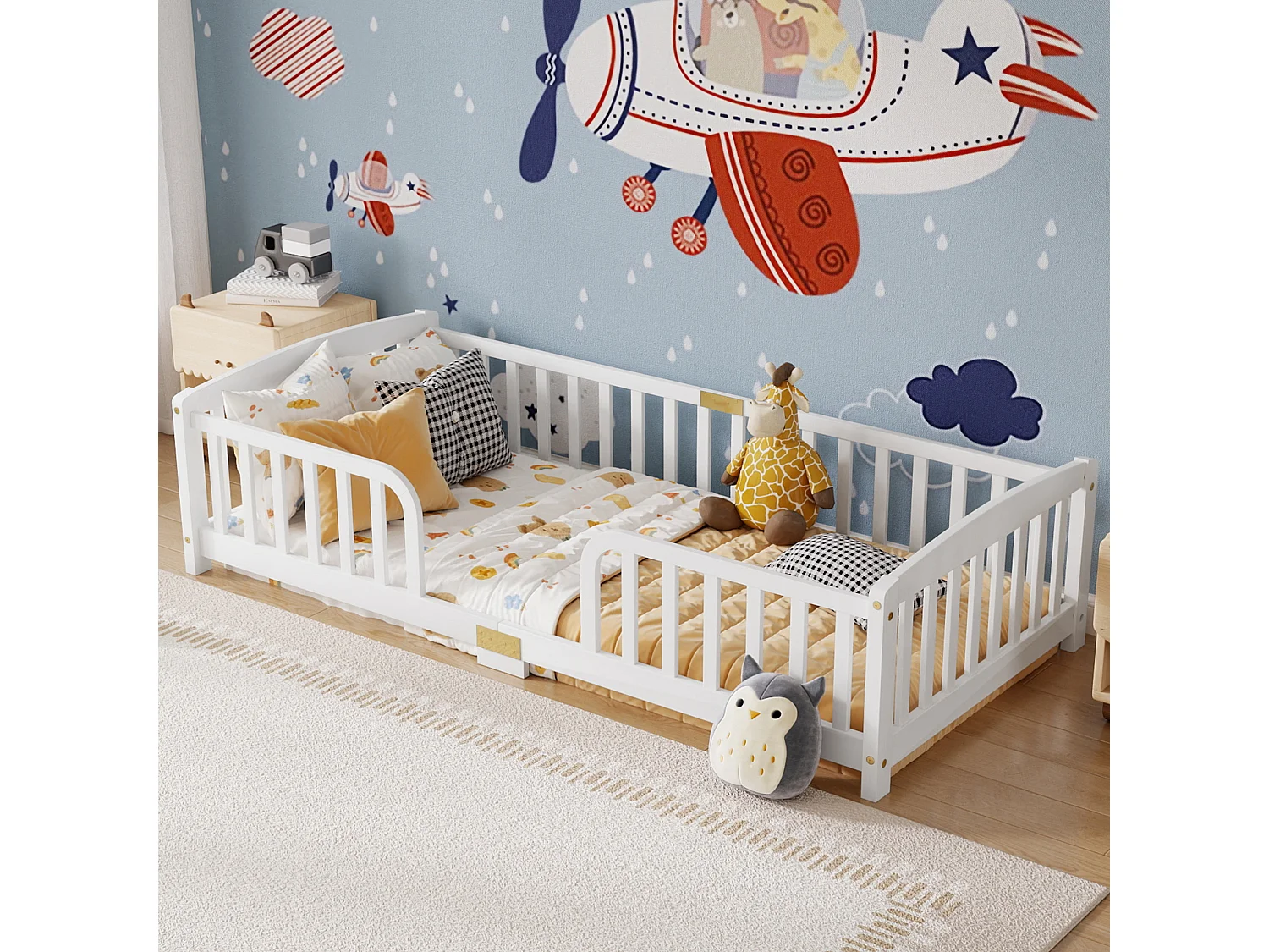 Lit au sol enfant 90/200 cm – barrières de sécurité, entrée centrale, structure basse – Pin blanc – Matelas non inclus