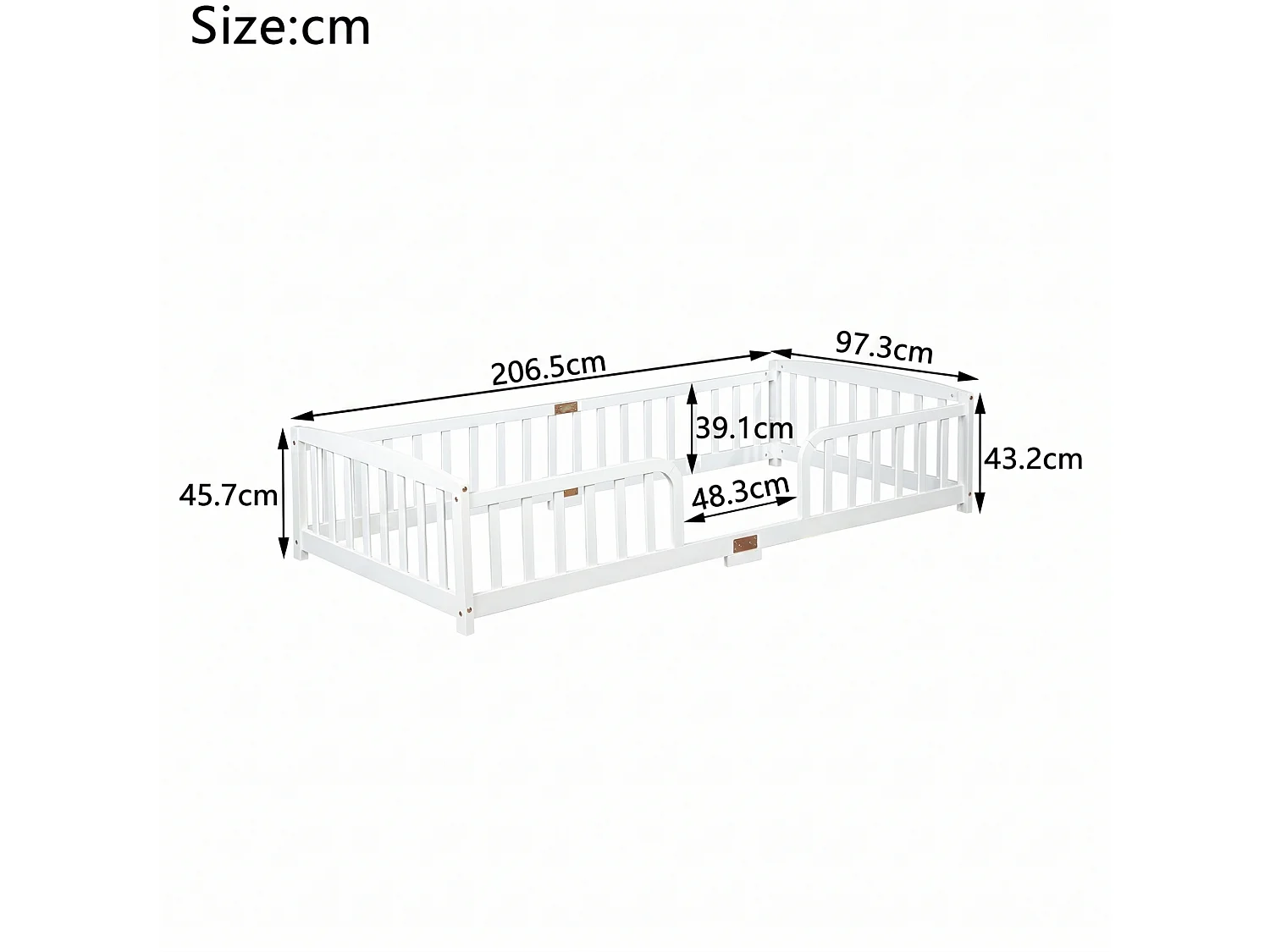 Lit au sol enfant 90/200 cm – barrières de sécurité, entrée centrale, structure basse – Pin blanc – Matelas non inclus