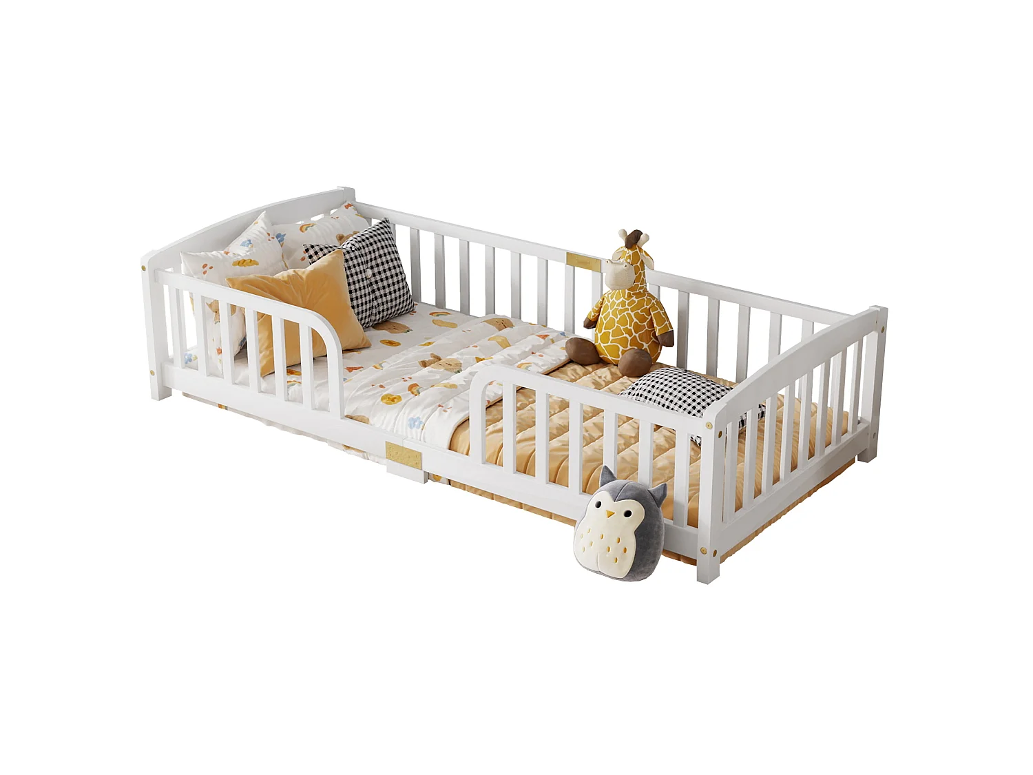 Lit au sol enfant 90/200 cm – barrières de sécurité, entrée centrale, structure basse – Pin blanc – Matelas non inclus