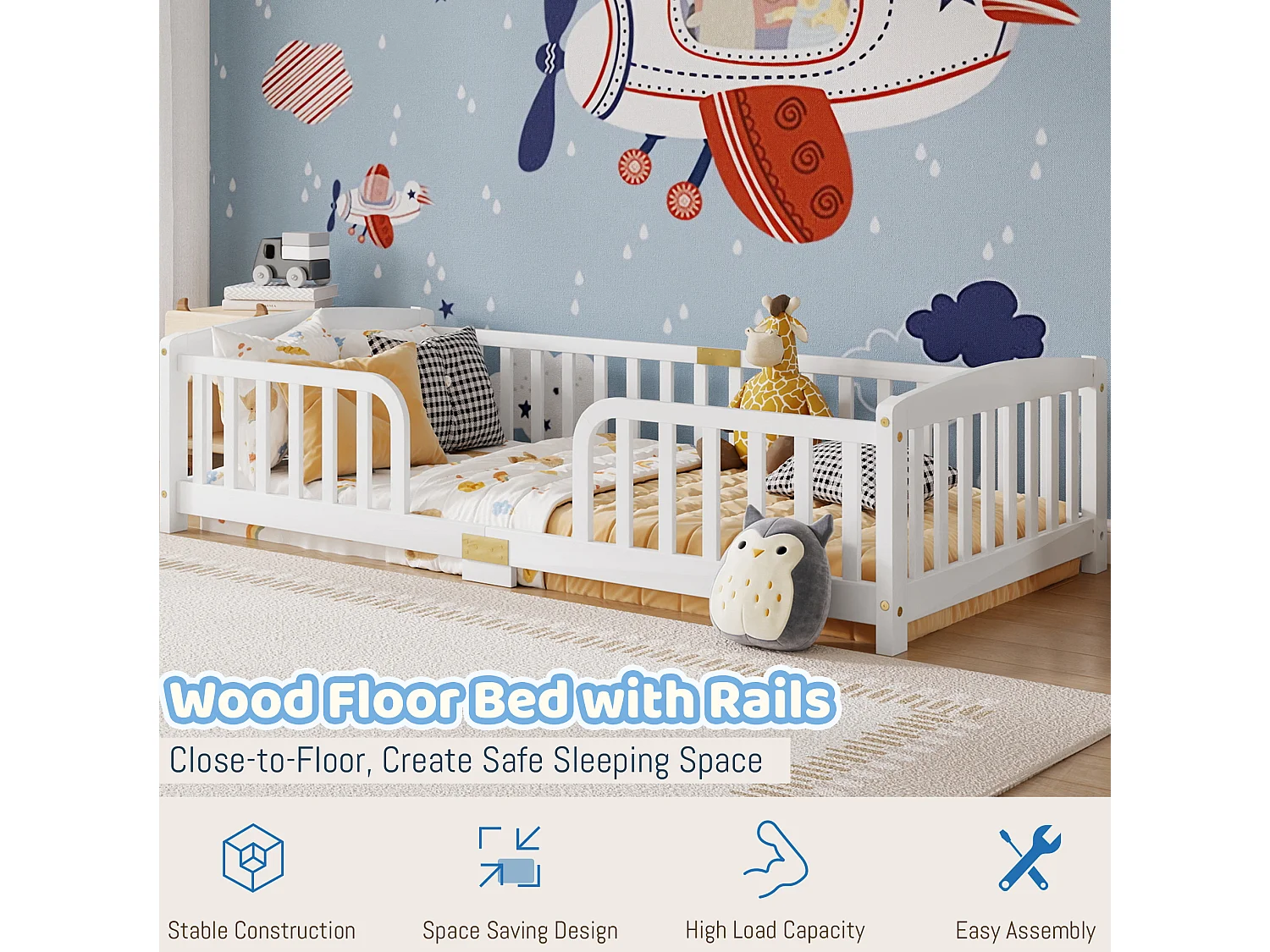 Lit au sol enfant 90/200 cm – barrières de sécurité, entrée centrale, structure basse – Pin blanc – Matelas non inclus