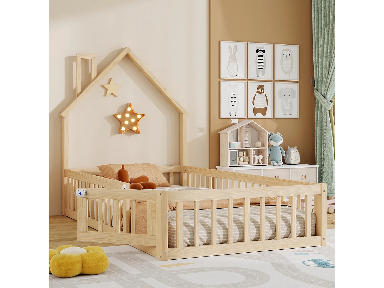 Lit enfant maison 90/200 cm – forme cheminée, barrière de sécurité, sommier inclus – Pin naturel – Matelas non inclus