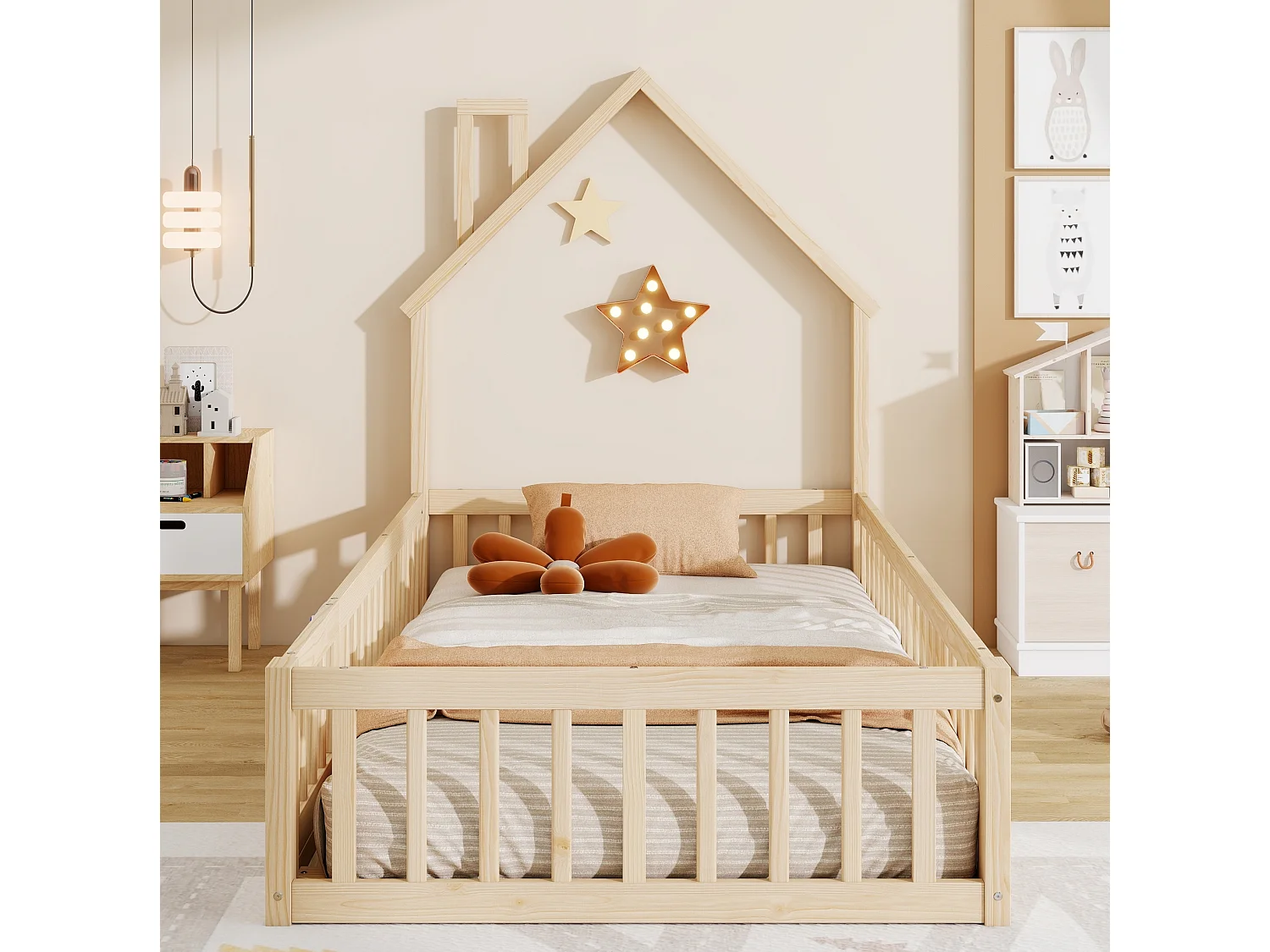 Lit enfant maison 90/200 cm – forme cheminée, barrière de sécurité, sommier inclus – Pin naturel – Matelas non inclus