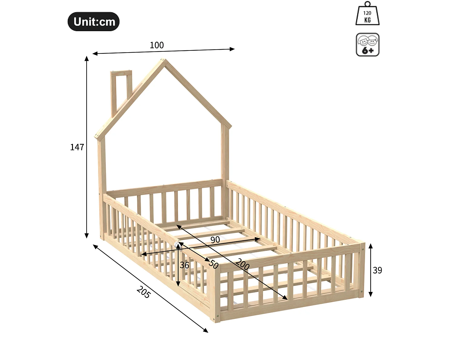 Lit enfant maison 90/200 cm – forme cheminée, barrière de sécurité, sommier inclus – Pin naturel – Matelas non inclus
