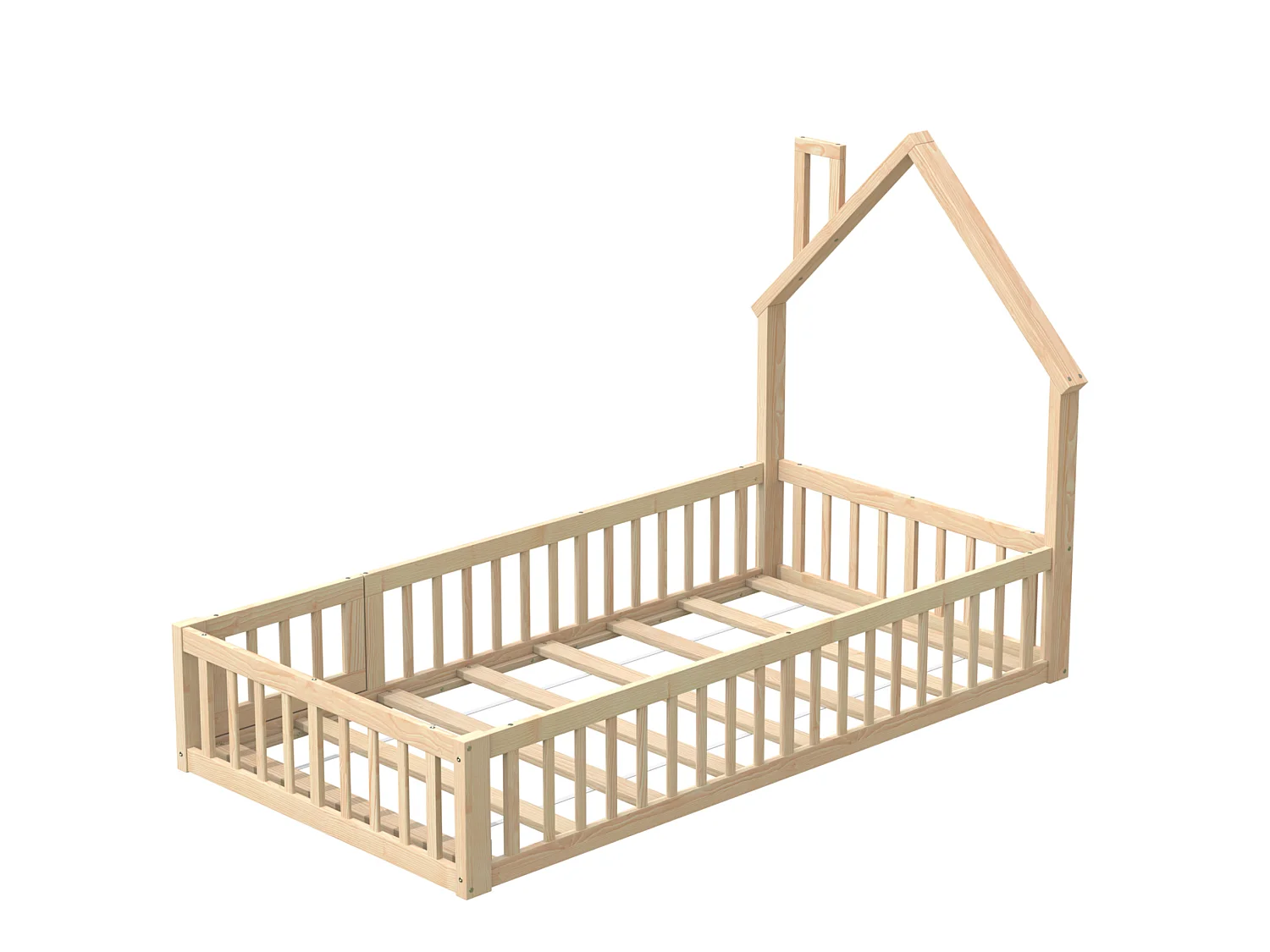 Lit enfant maison 90/200 cm – forme cheminée, barrière de sécurité, sommier inclus – Pin naturel – Matelas non inclus