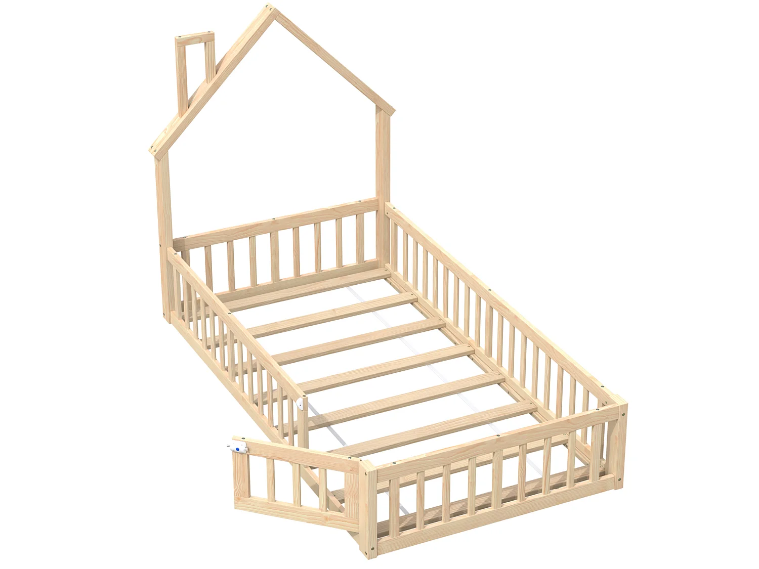 Lit enfant maison 90/200 cm – forme cheminée, barrière de sécurité, sommier inclus – Pin naturel – Matelas non inclus