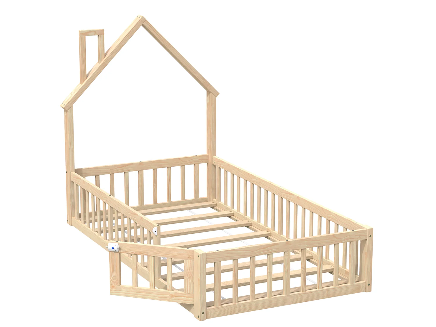 Lit enfant maison 90/200 cm – forme cheminée, barrière de sécurité, sommier inclus – Pin naturel – Matelas non inclus