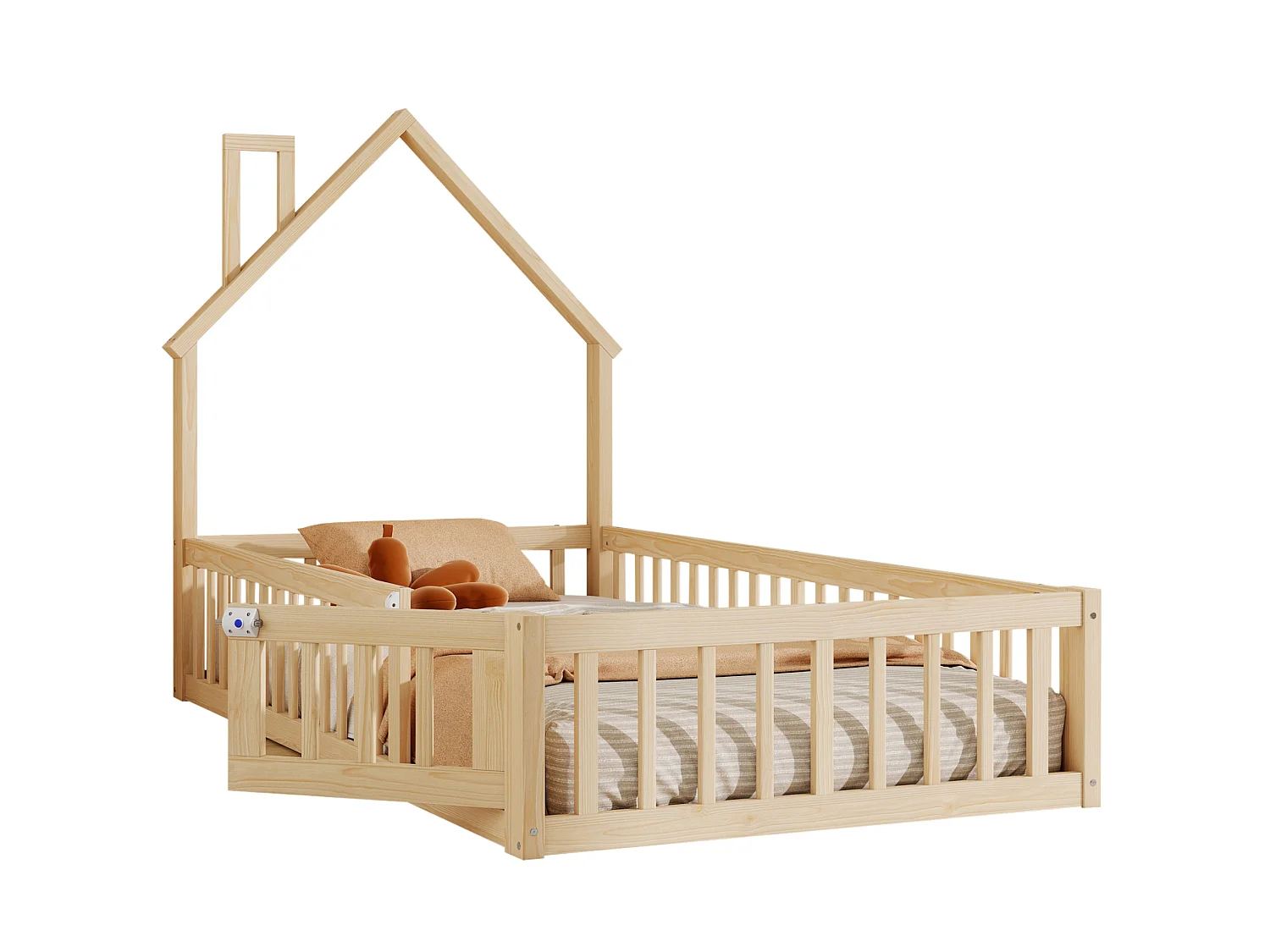 Lit enfant maison 90/200 cm – forme cheminée, barrière de sécurité, sommier inclus – Pin naturel – Matelas non inclus