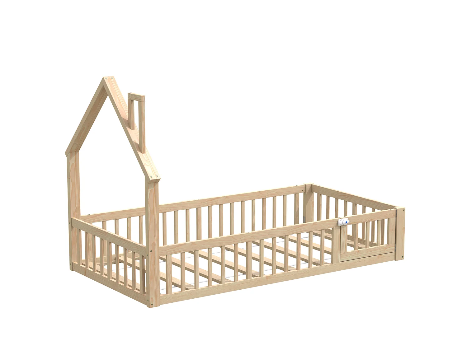 Lit enfant maison 90/200 cm – forme cheminée, barrière de sécurité, sommier inclus – Pin naturel – Matelas non inclus