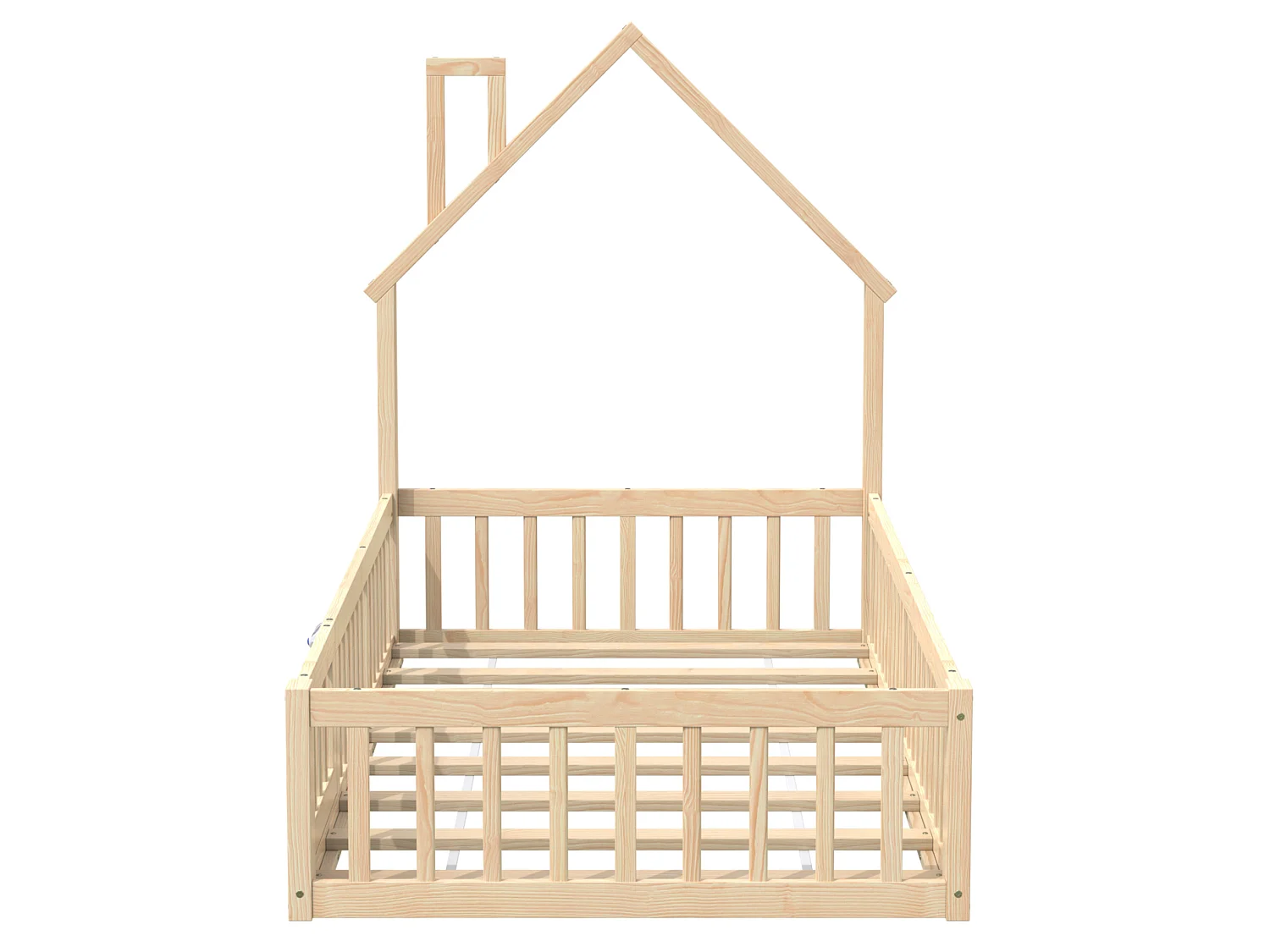 Lit enfant maison 90/200 cm – forme cheminée, barrière de sécurité, sommier inclus – Pin naturel – Matelas non inclus