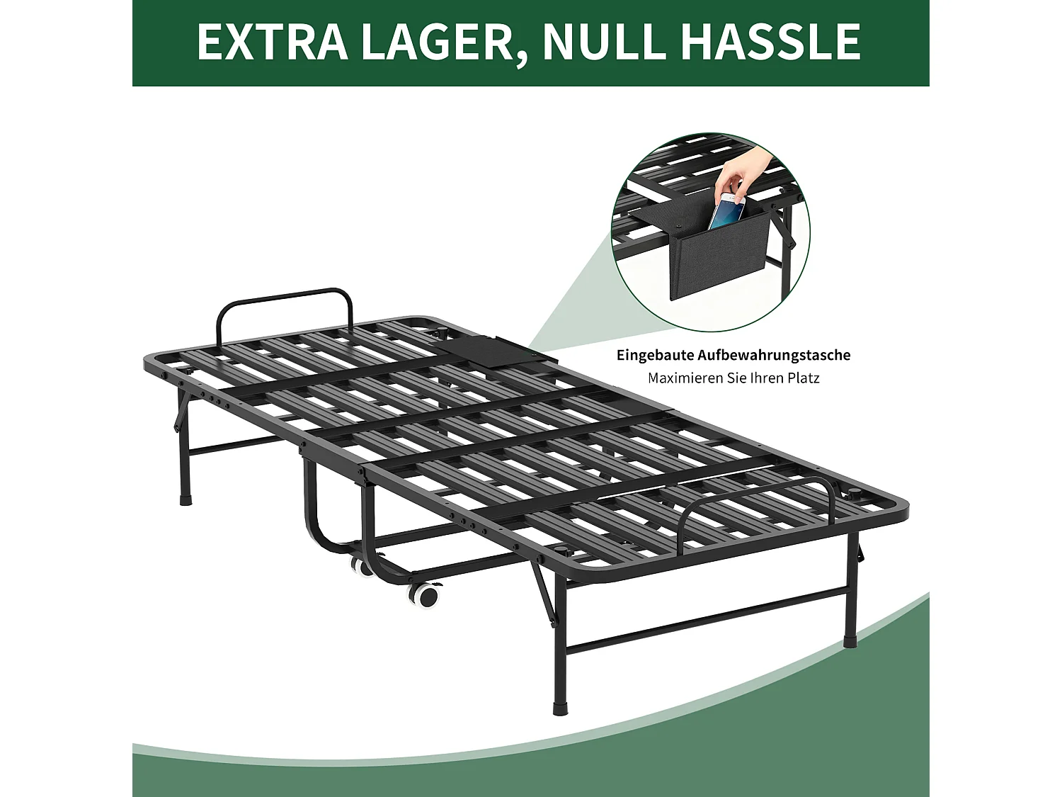 Lit pliant 80/190 cm – matelas mémoire de forme 9.5 cm, roulettes verrouillables, pliable – Métal noir