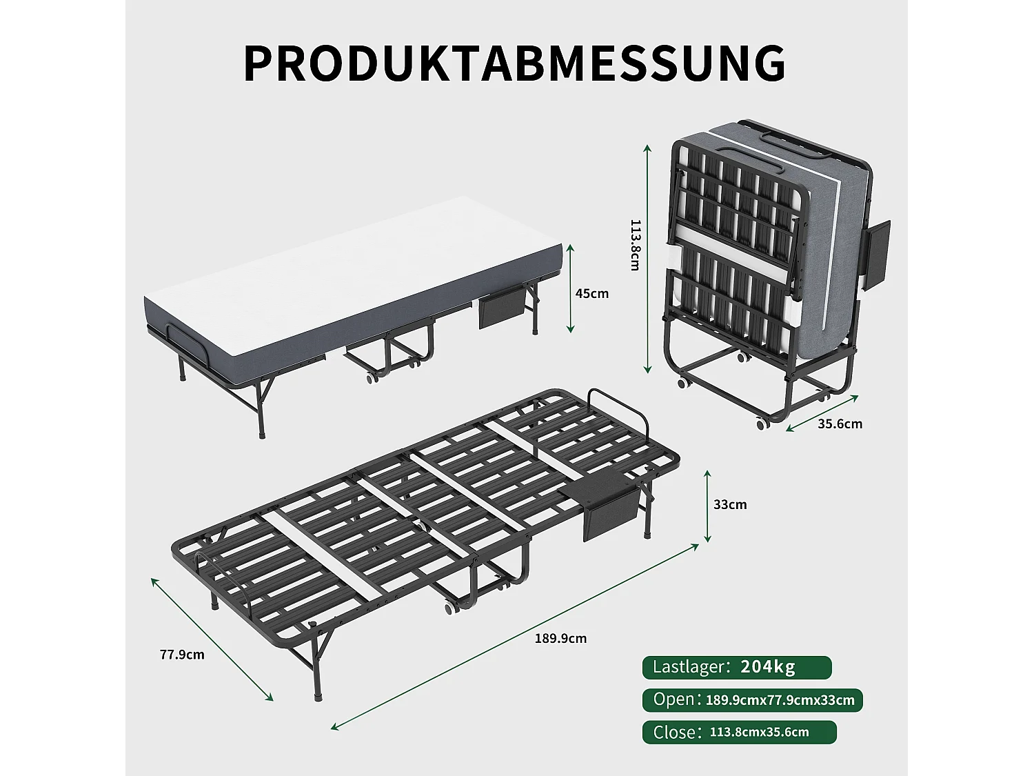 Lit pliant 80/190 cm – matelas mémoire de forme 9.5 cm, roulettes verrouillables, pliable – Métal noir