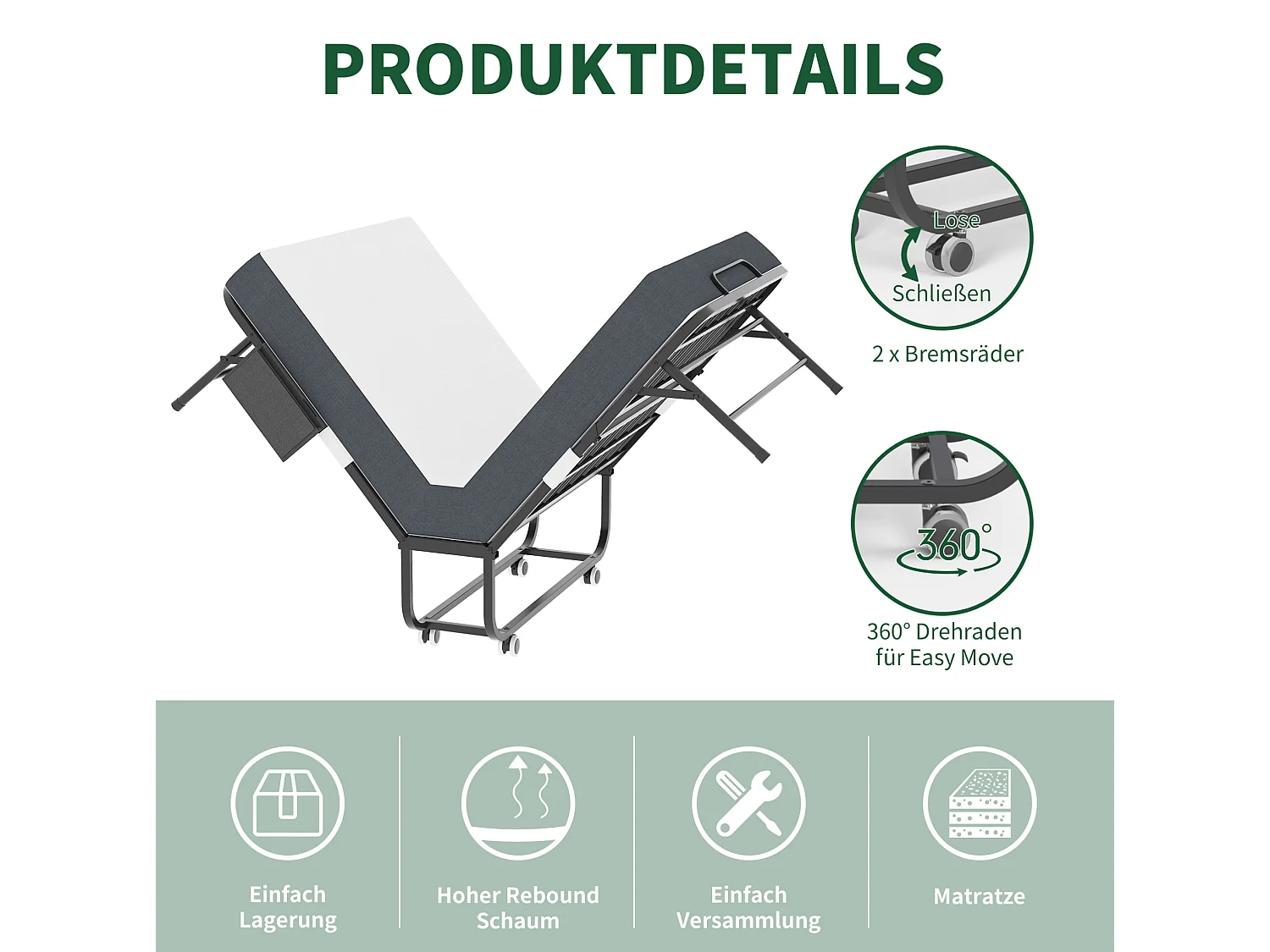 Lit pliant 80/190 cm – matelas mémoire de forme 9.5 cm, roulettes verrouillables, pliable – Métal noir