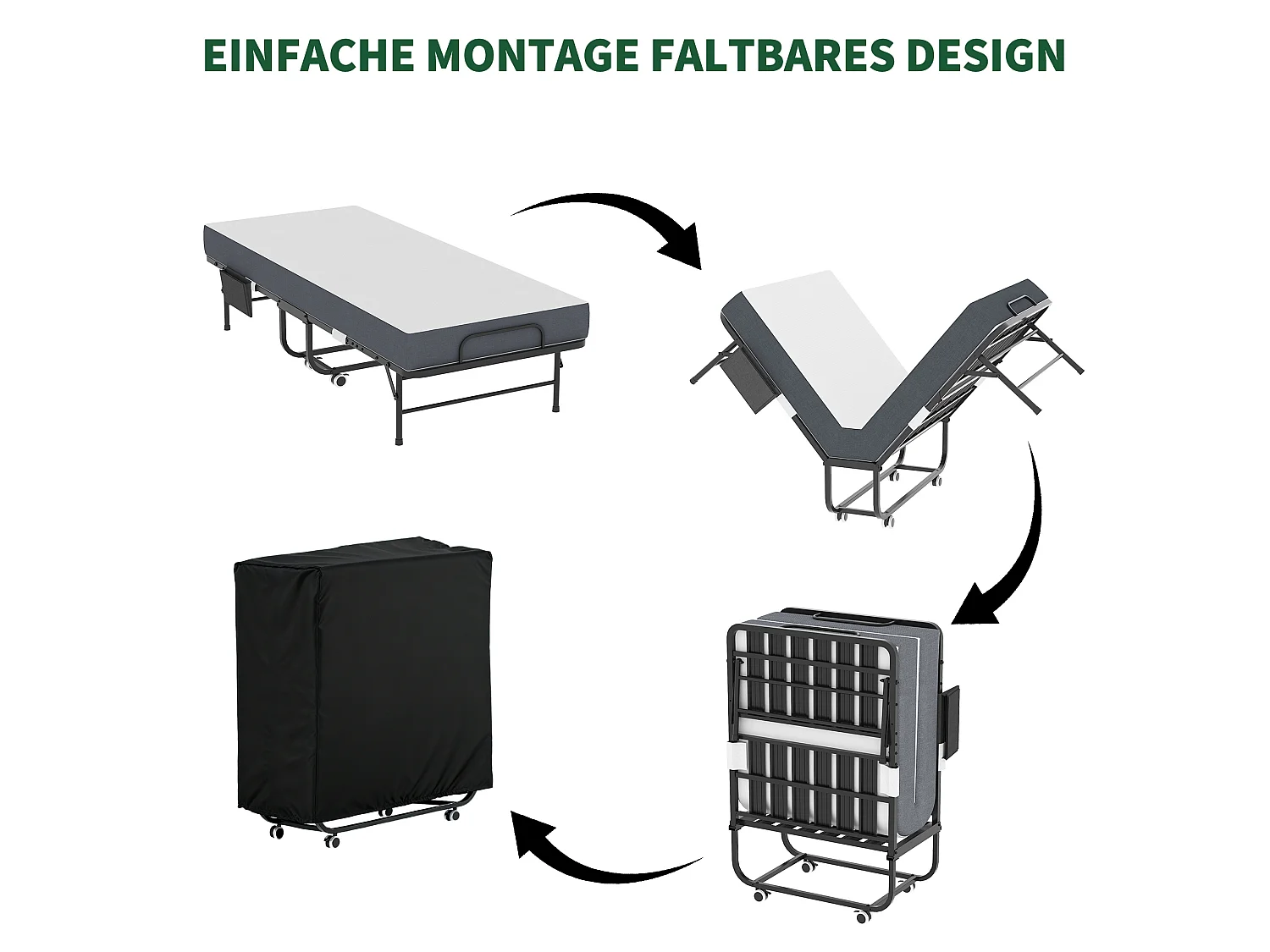 Lit pliant 80/190 cm – matelas mémoire de forme 9.5 cm, roulettes verrouillables, pliable – Métal noir