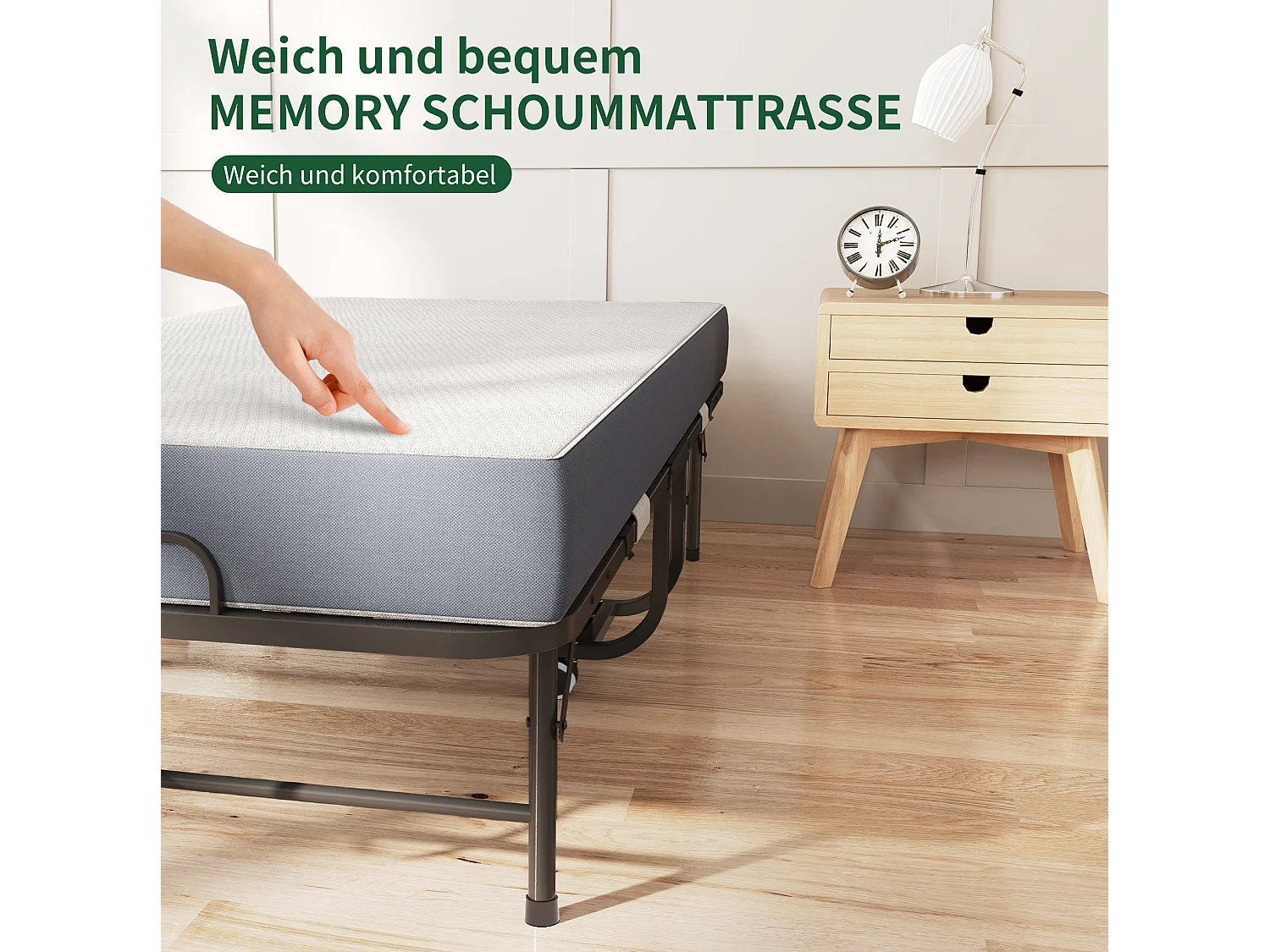 Lit pliant 80/190 cm – matelas mémoire de forme 9.5 cm, roulettes verrouillables, pliable – Métal noir