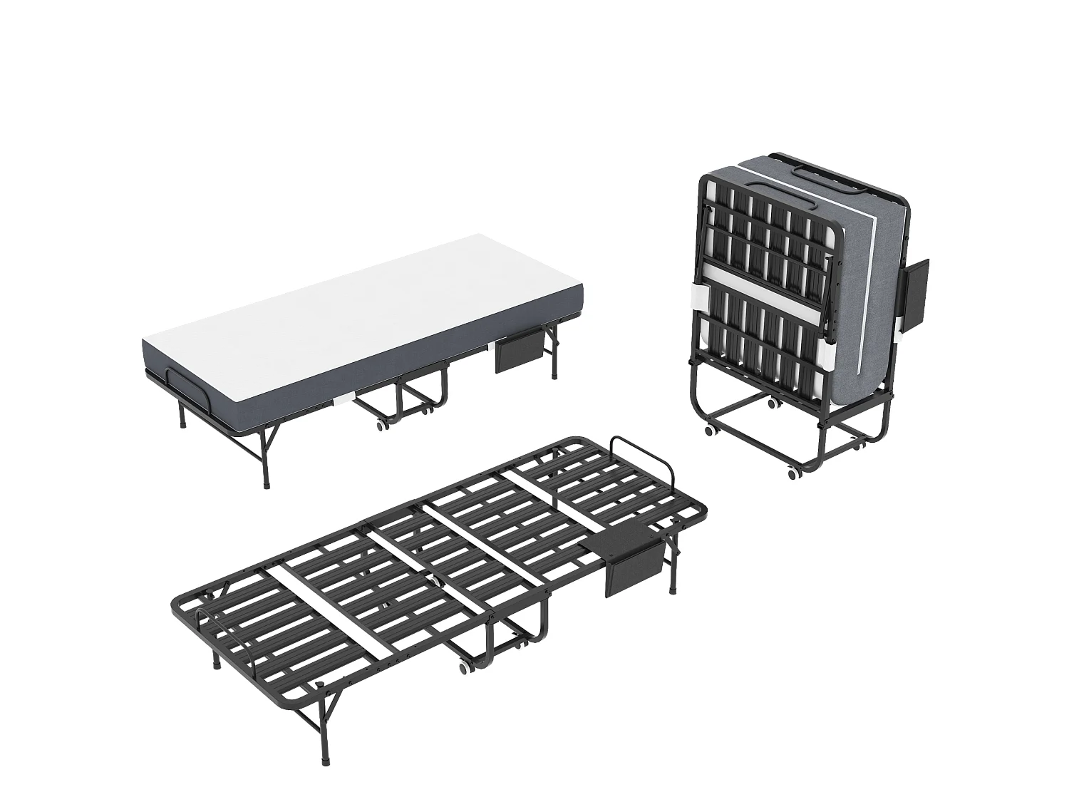 Lit pliant 80/190 cm – matelas mémoire de forme 9.5 cm, roulettes verrouillables, pliable – Métal noir