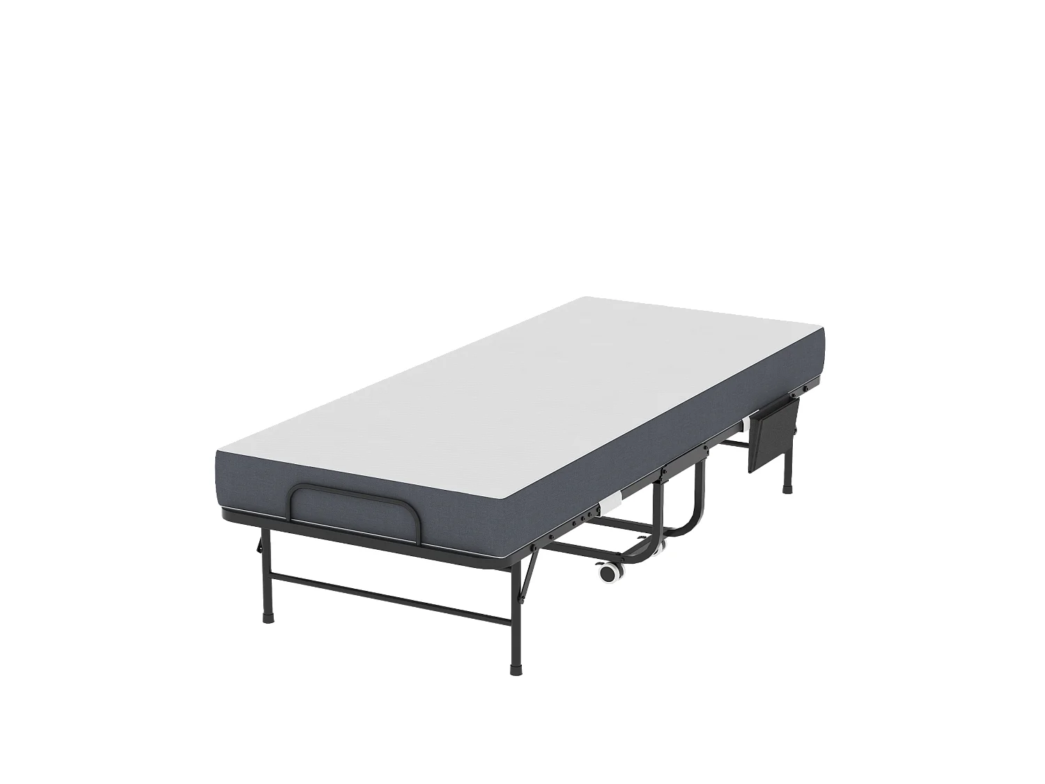 Lit pliant 80/190 cm – matelas mémoire de forme 9.5 cm, roulettes verrouillables, pliable – Métal noir