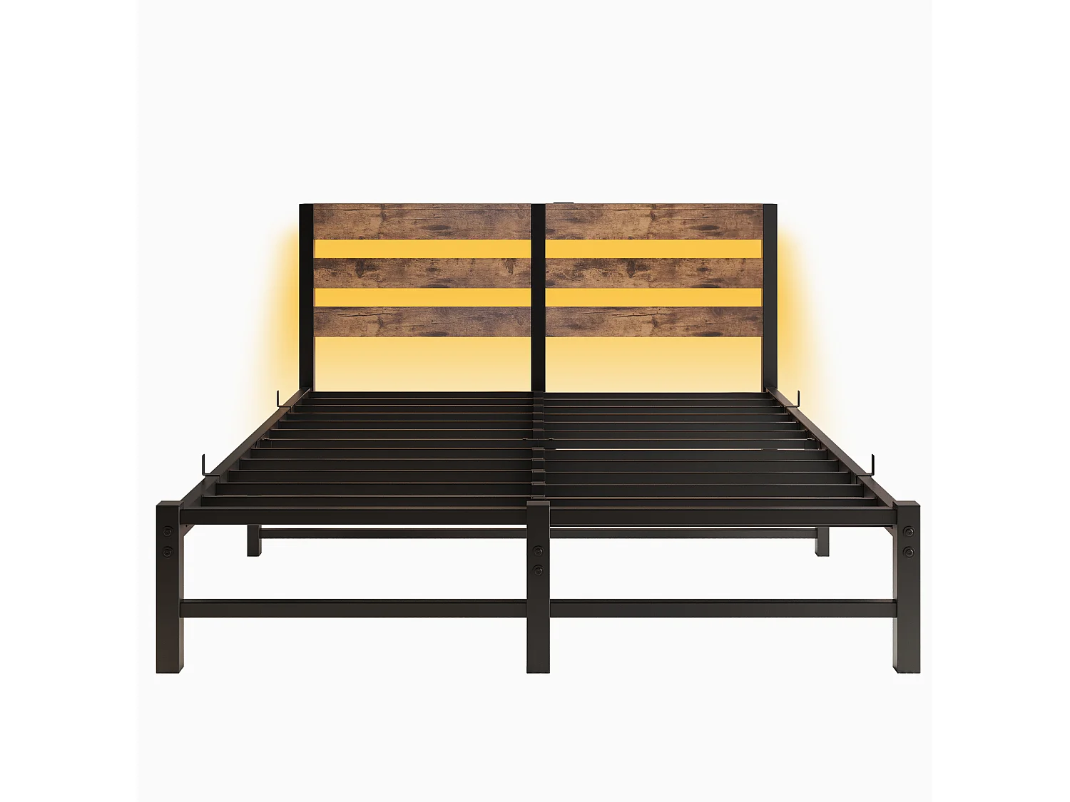 Cadre de lit 140/200 cm – LED RGB, 2 ports USB, rangement sous le lit – Métal et bois noir/marron