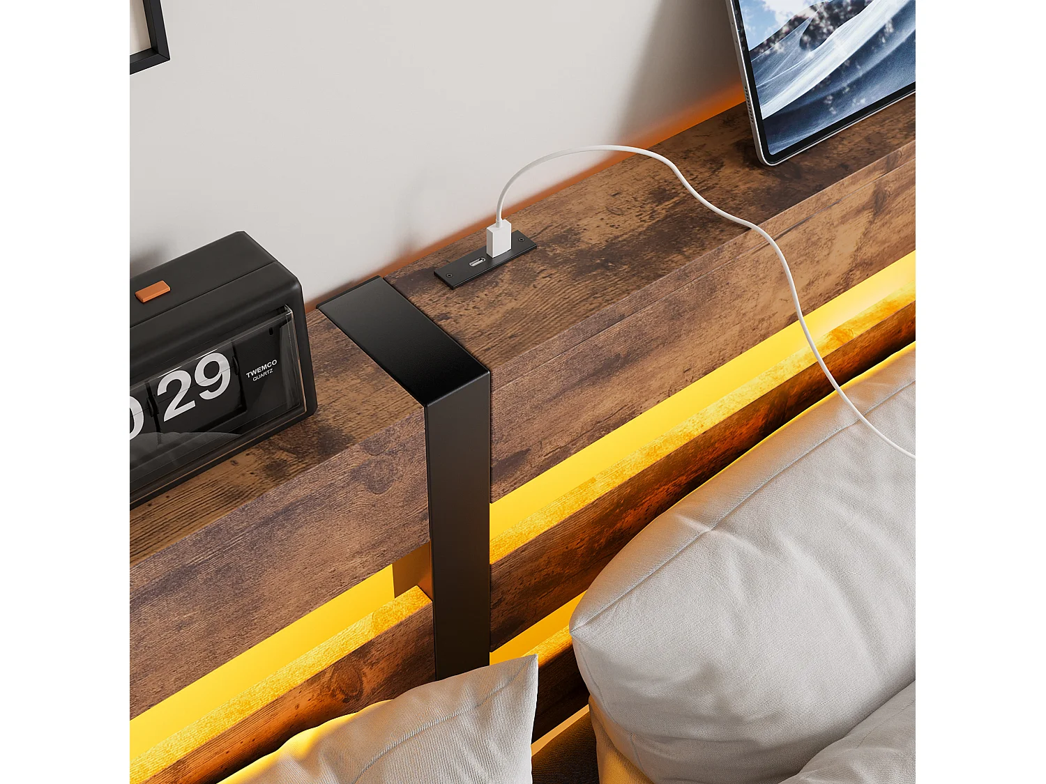 Cadre de lit 140/200 cm – LED RGB, 2 ports USB, rangement sous le lit – Métal et bois noir/marron