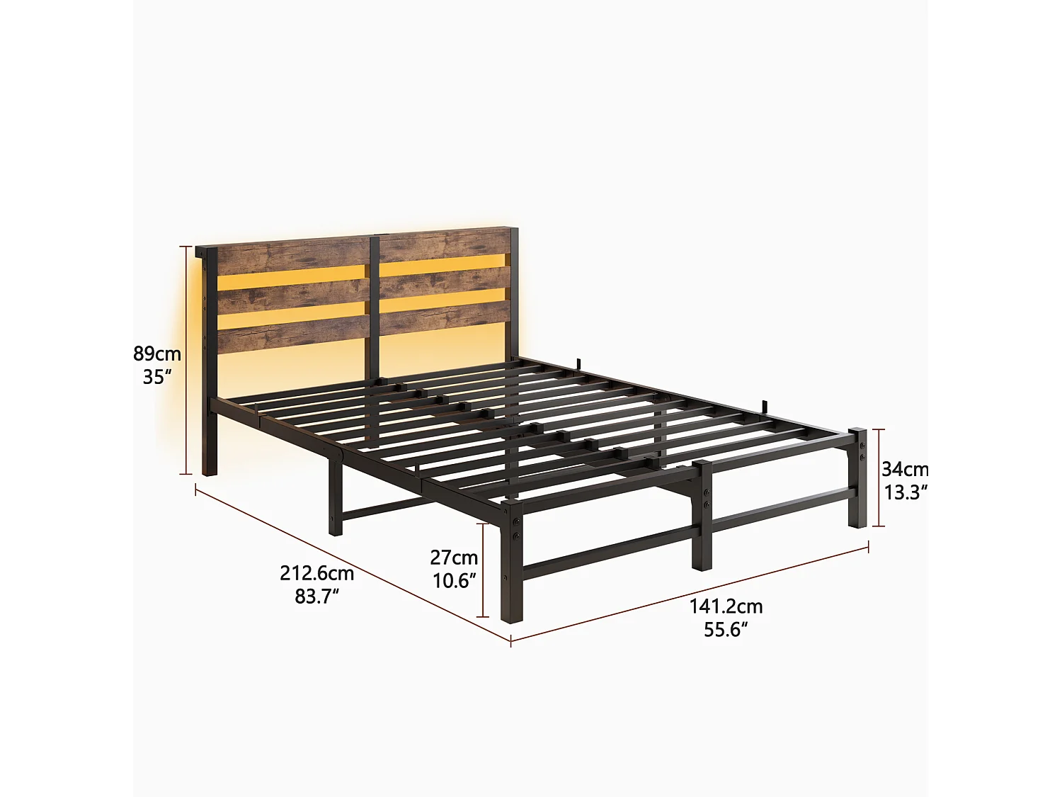 Cadre de lit 140/200 cm – LED RGB, 2 ports USB, rangement sous le lit – Métal et bois noir/marron