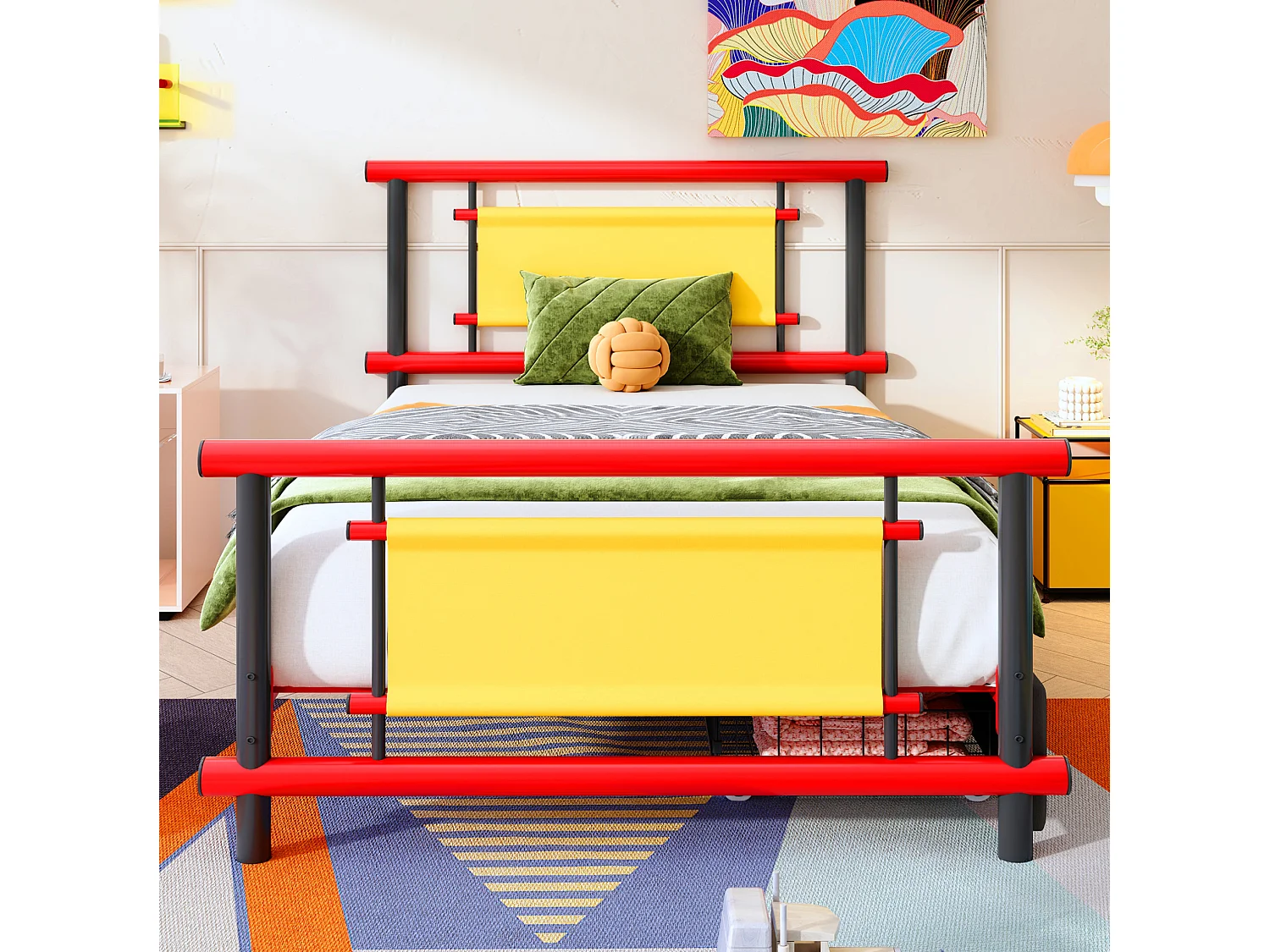Lit enfant 90/200 cm – tiroirs de rangement, structure stable – Métal rouge – Matelas non inclus