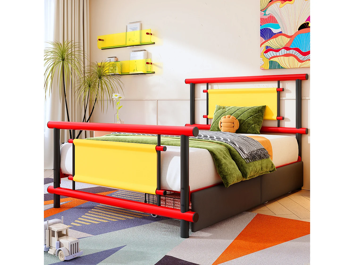Lit enfant 90/200 cm – tiroirs de rangement, structure stable – Métal rouge – Matelas non inclus