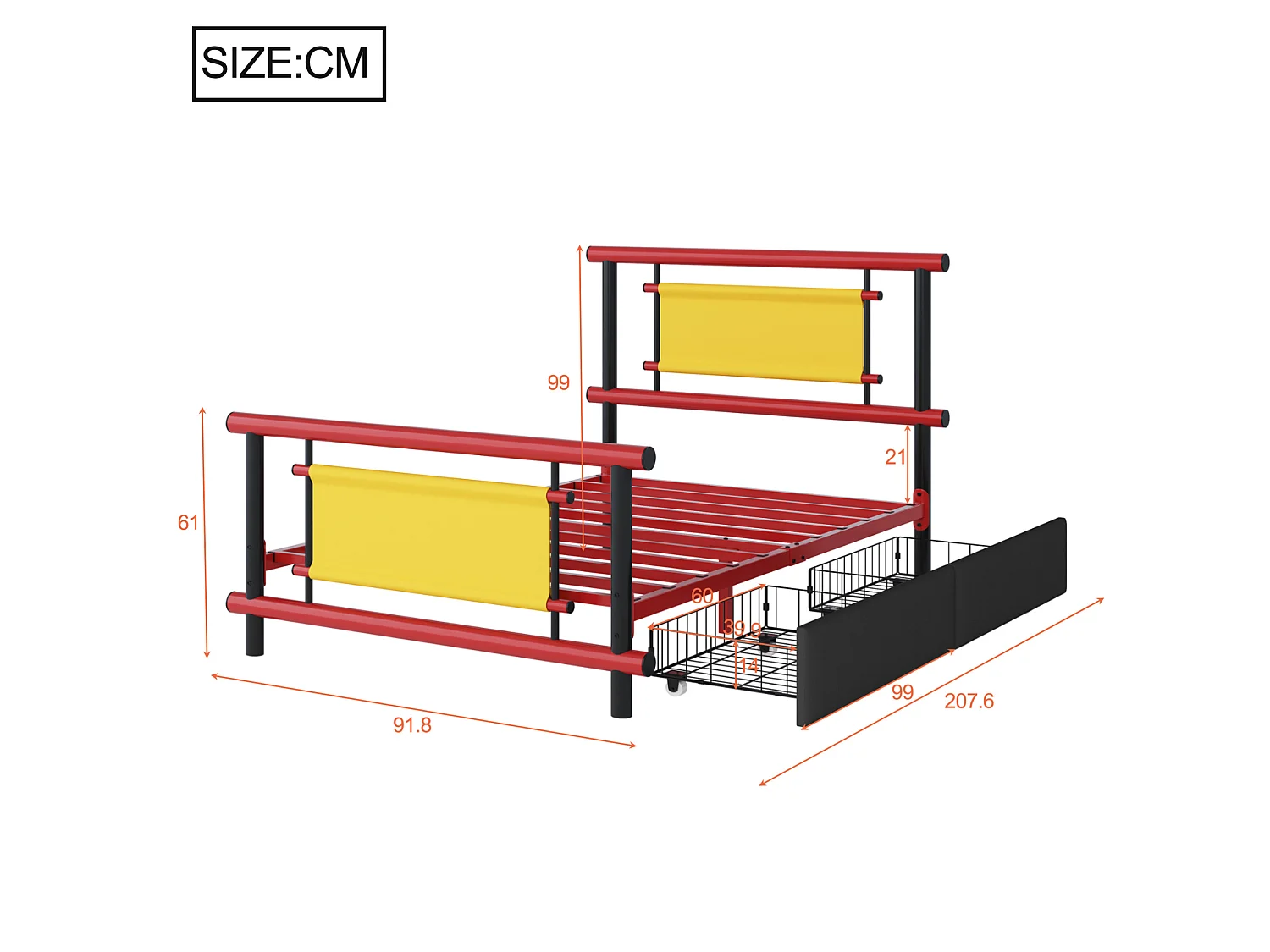 Lit enfant 90/200 cm – tiroirs de rangement, structure stable – Métal rouge – Matelas non inclus
