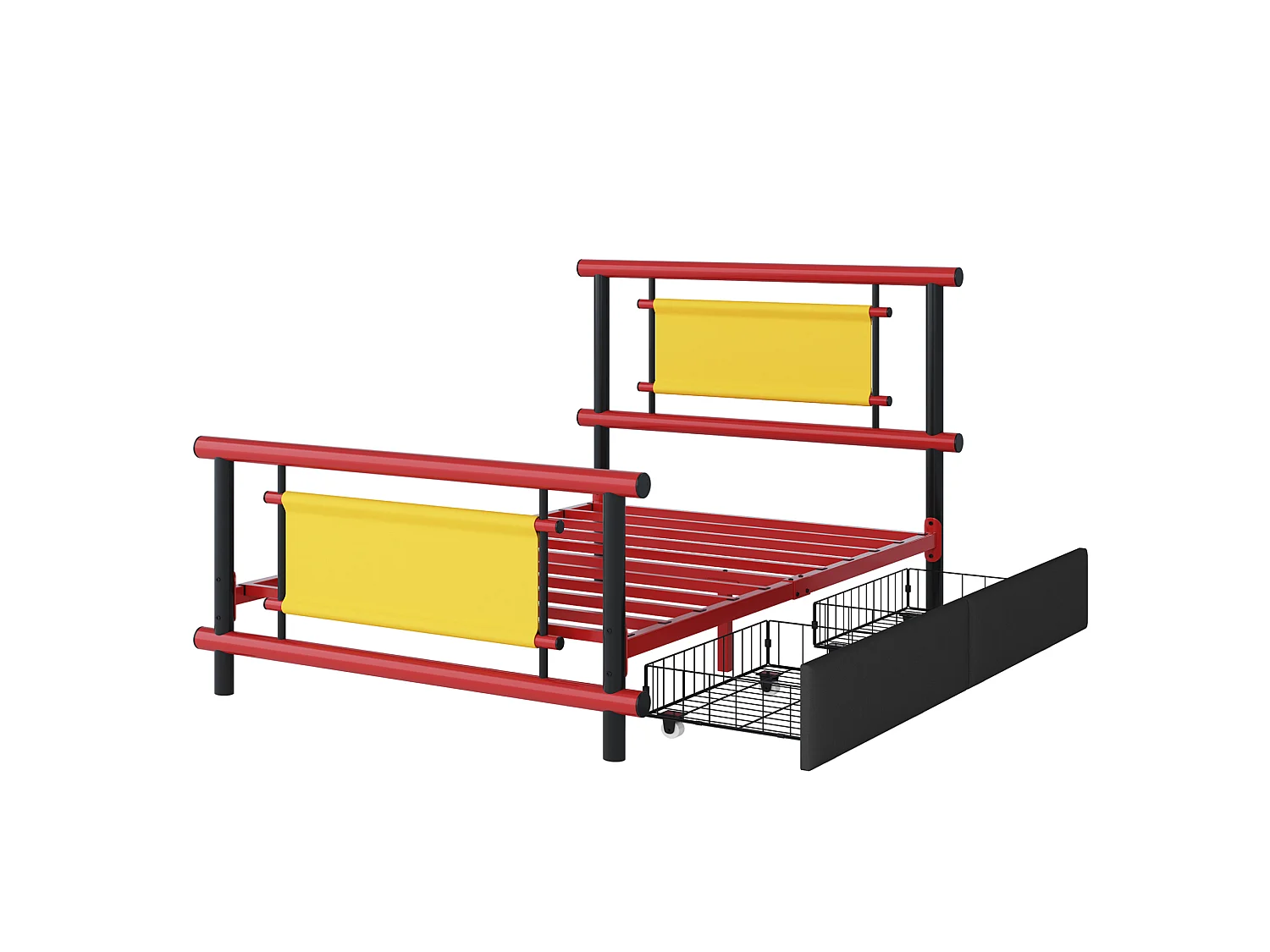 Lit enfant 90/200 cm – tiroirs de rangement, structure stable – Métal rouge – Matelas non inclus