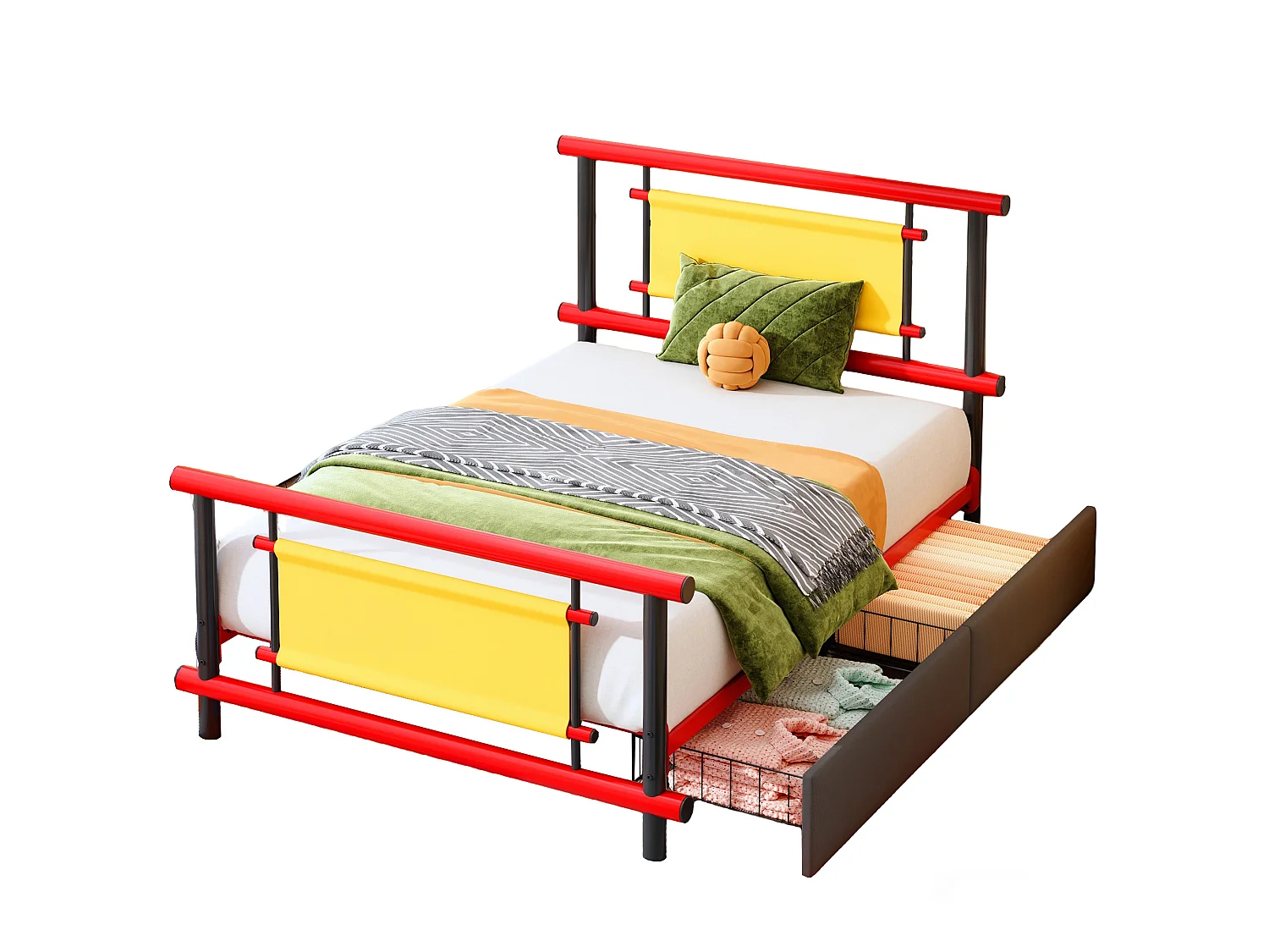 Lit enfant 90/200 cm – tiroirs de rangement, structure stable – Métal rouge – Matelas non inclus
