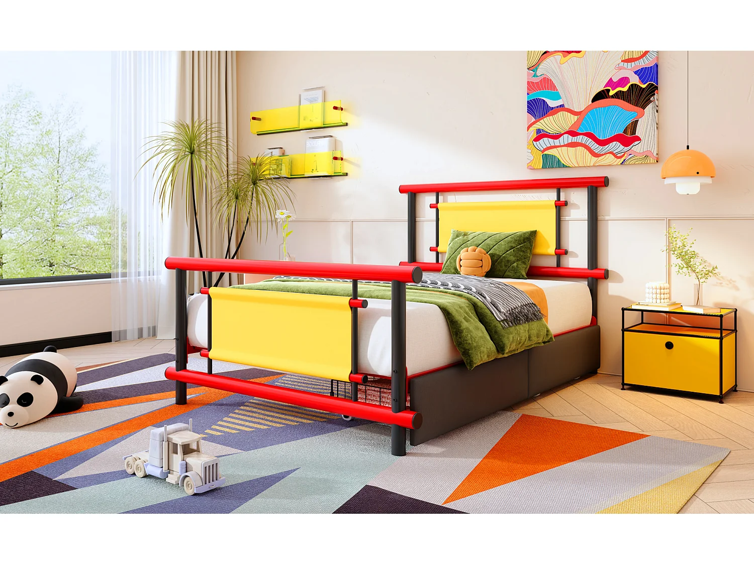 Lit enfant 90/200 cm – tiroirs de rangement, structure stable – Métal rouge – Matelas non inclus