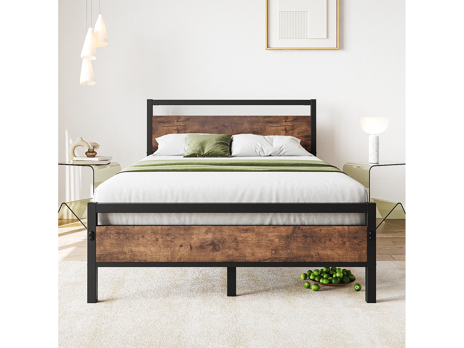 Cadre de lit 140/200 cm – sommier à lattes, rangement sous lit 27 cm, tête et pied hauts – MDF métal brun antique