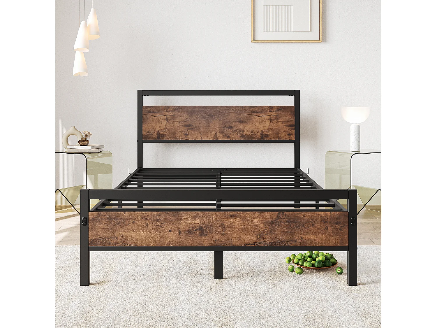 Cadre de lit 140/200 cm – sommier à lattes, rangement sous lit 27 cm, tête et pied hauts – MDF métal brun antique