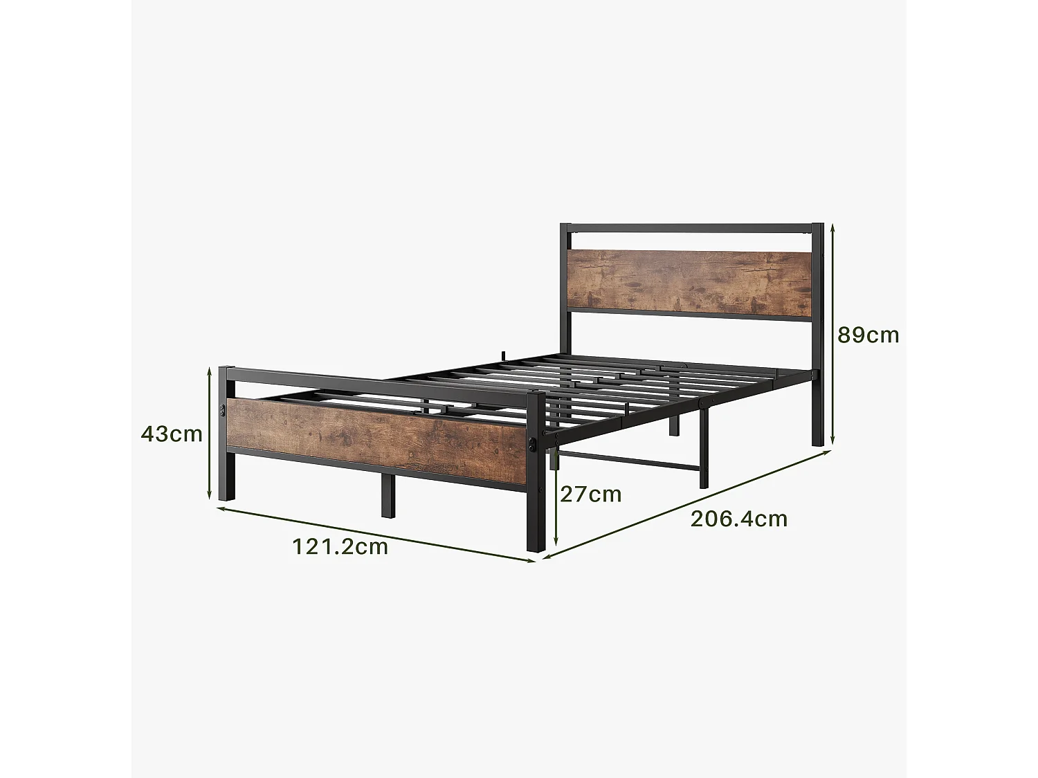 Cadre de lit 140/200 cm – sommier à lattes, rangement sous lit 27 cm, tête et pied hauts – MDF métal brun antique