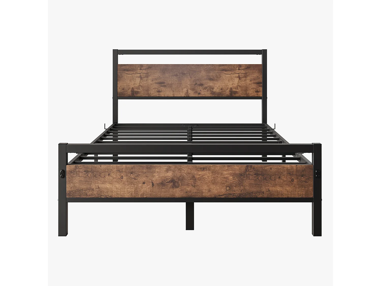 Cadre de lit 140/200 cm – sommier à lattes, rangement sous lit 27 cm, tête et pied hauts – MDF métal brun antique