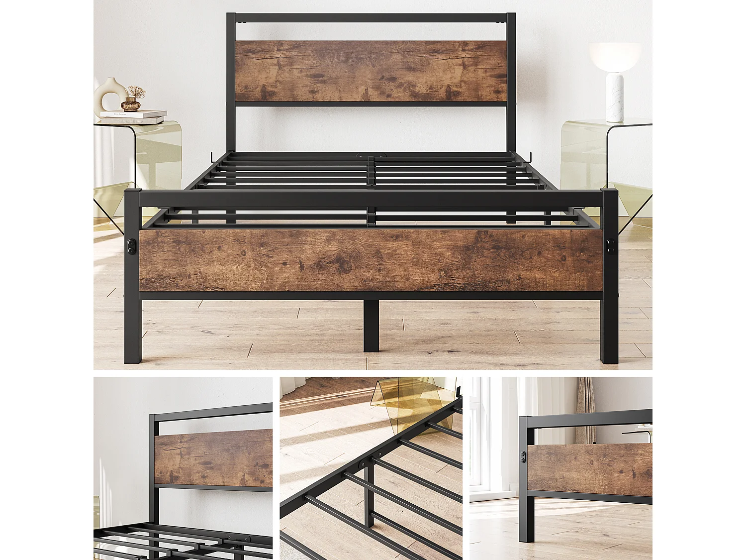 Cadre de lit 140/200 cm – sommier à lattes, rangement sous lit 27 cm, tête et pied hauts – MDF métal brun antique