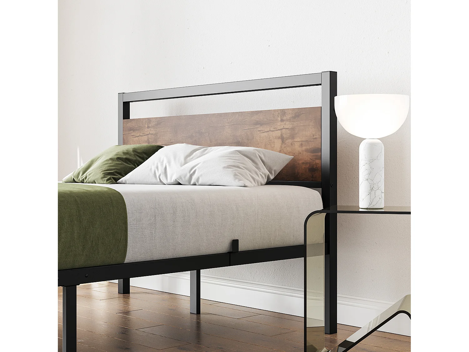 Cadre de lit 140/200 cm – sommier à lattes, rangement sous lit 27 cm, tête et pied hauts – MDF métal brun antique