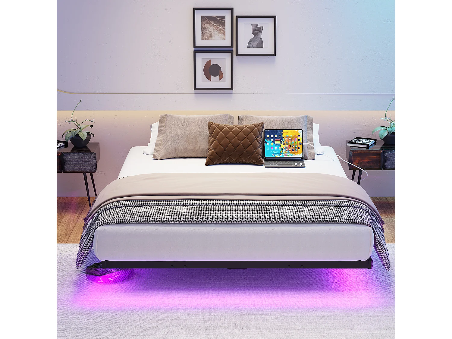 Lit 120/200 cm – effet suspendu, LED, station de charge – Métal noir