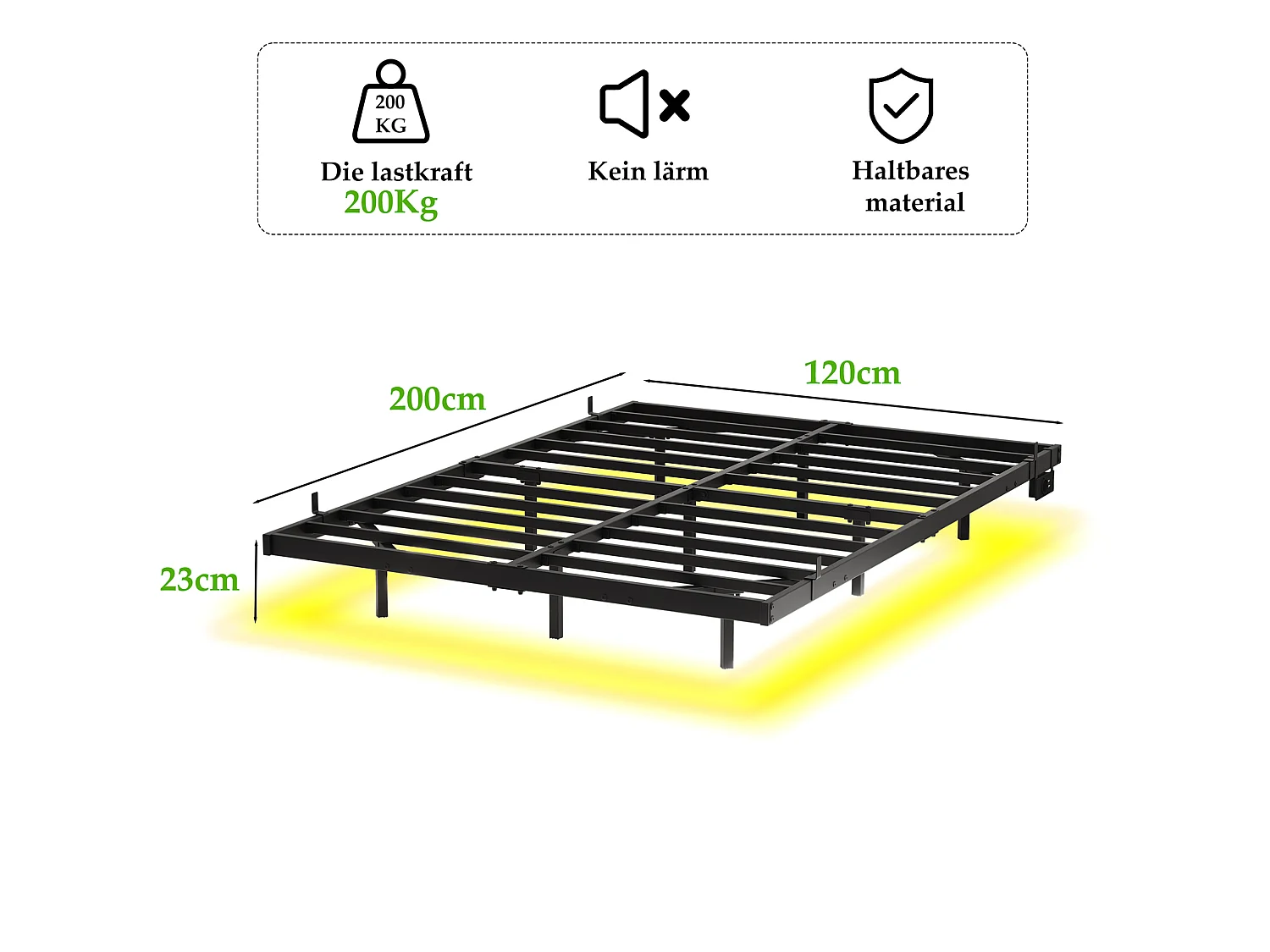 Lit 120/200 cm – effet suspendu, LED, station de charge – Métal noir