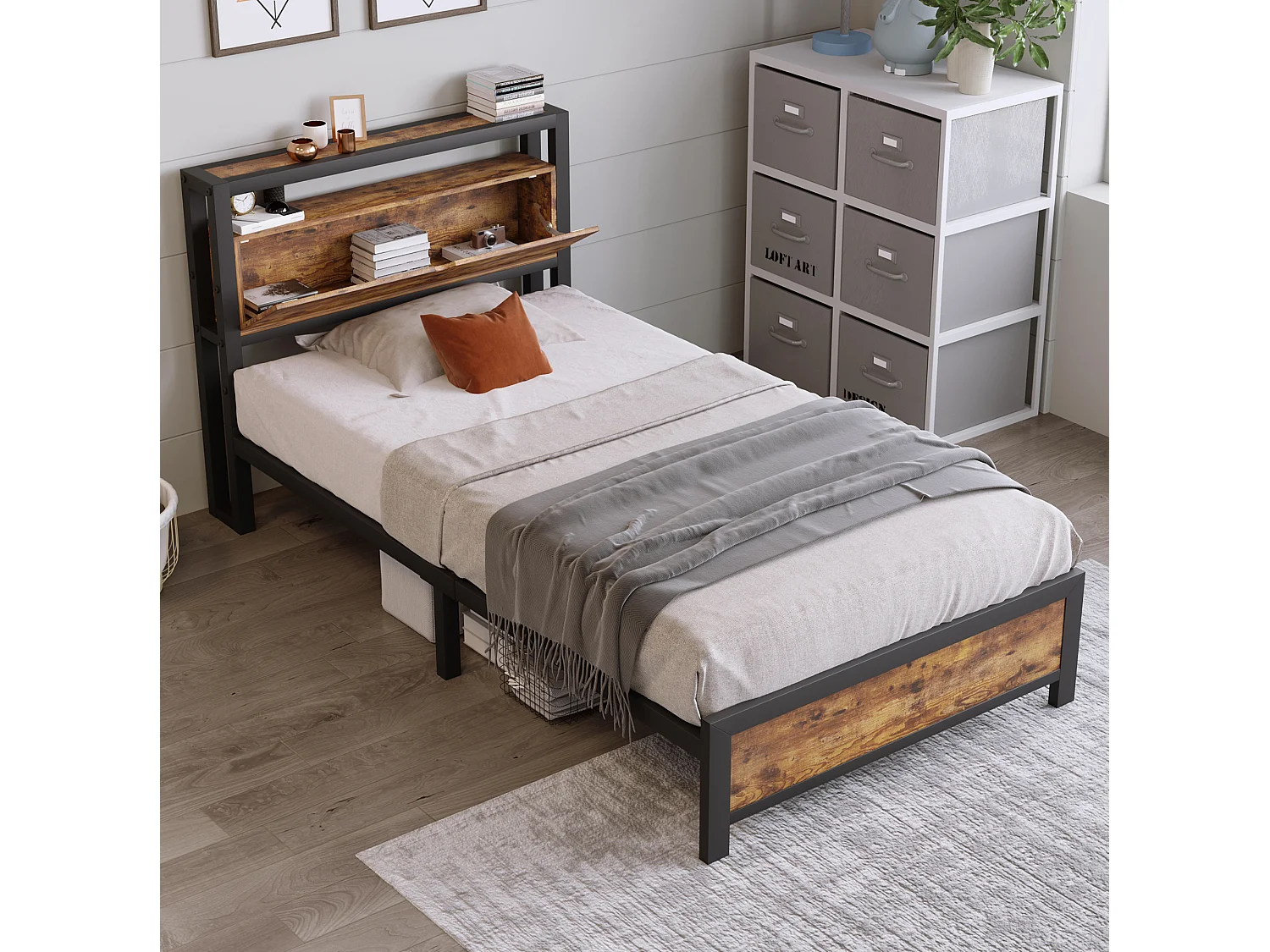 Lit 1 place 90/200 cm – tête de lit avec rangement, structure métallique, espace sous le lit – Métal et bois naturel – Matelas non inclus