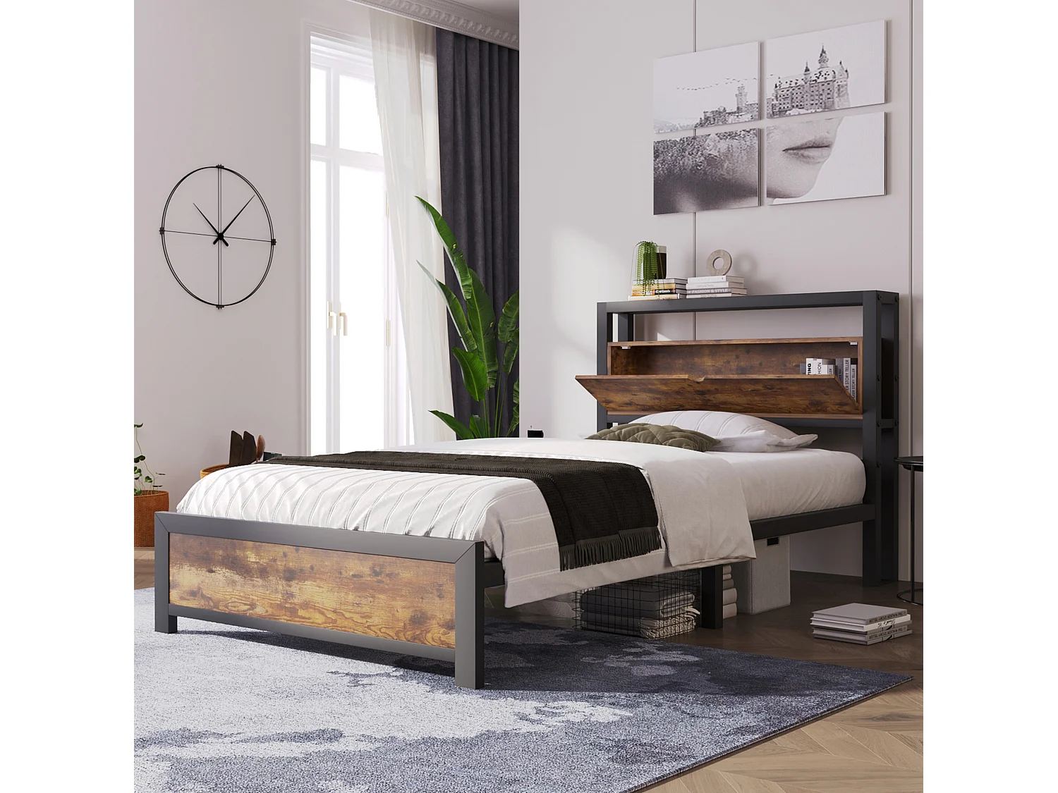 Lit 1 place 90/200 cm – tête de lit avec rangement, structure métallique, espace sous le lit – Métal et bois naturel – Matelas non inclus