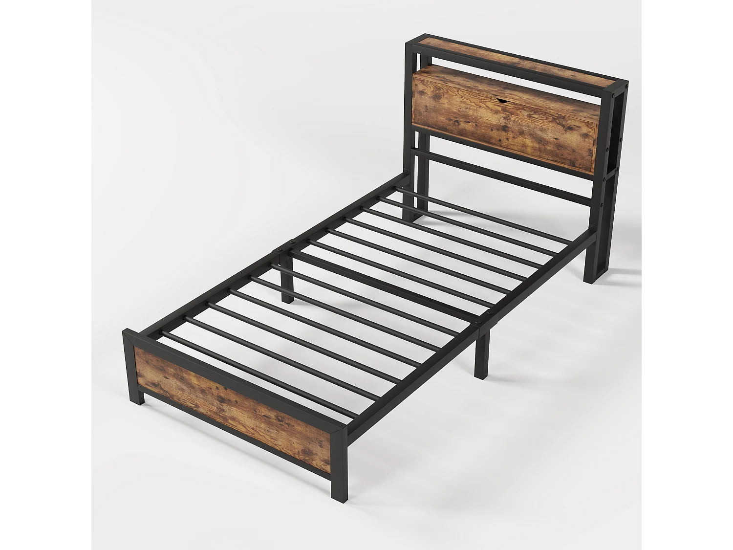 Lit 1 place 90/200 cm – tête de lit avec rangement, structure métallique, espace sous le lit – Métal et bois naturel – Matelas non inclus